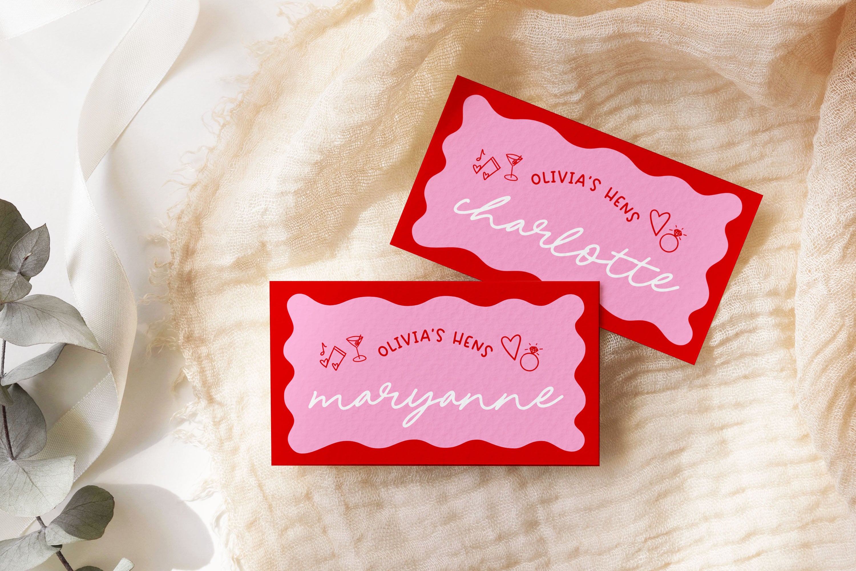 Jemma Pink Red Wavey Placecard .Bridal Hens Placecard .The Sundae Creative