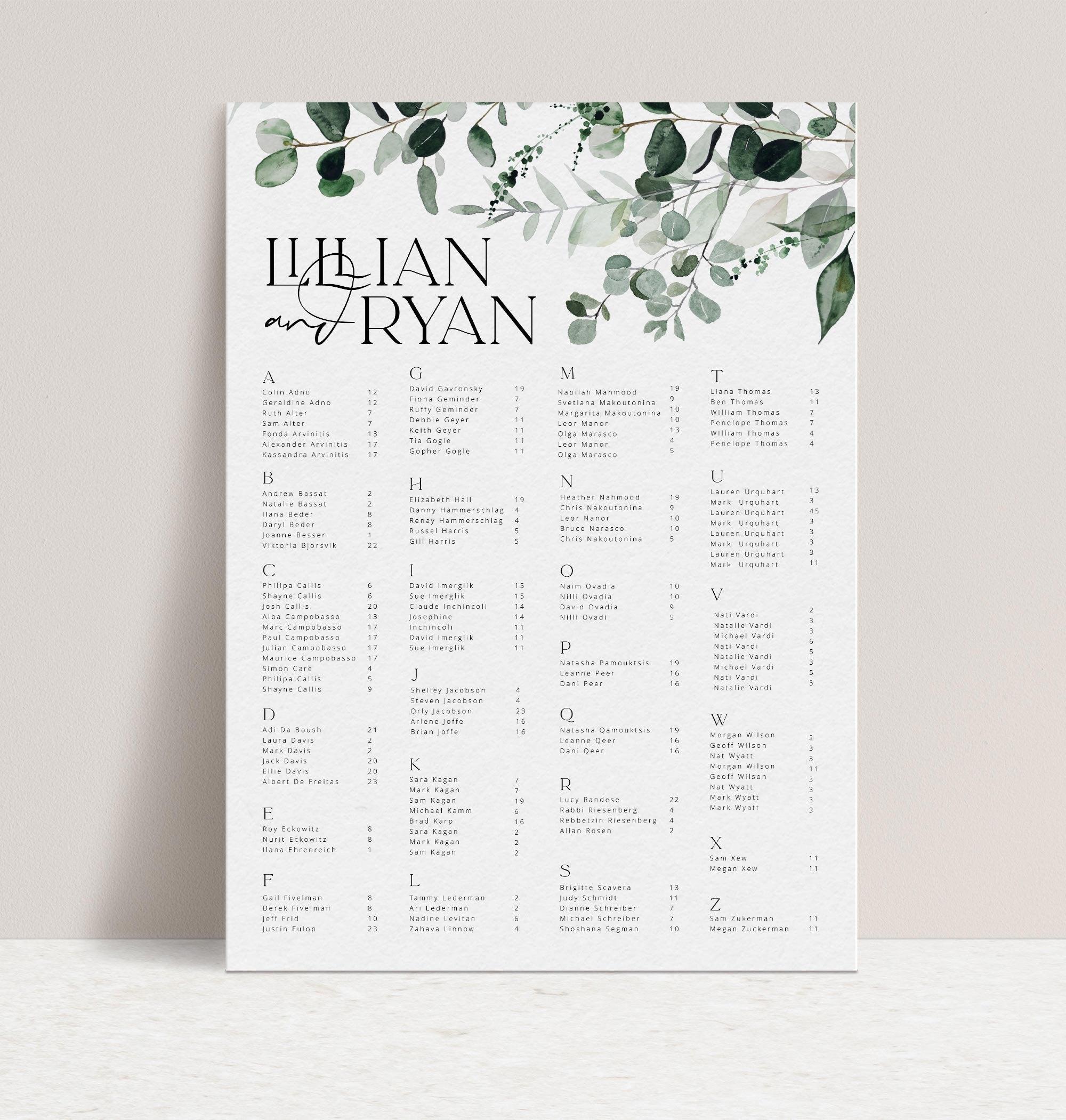 Beachmere Alphabetical Seating Chart  Wedding Seating Plan THE SUNDAE CREATIVE