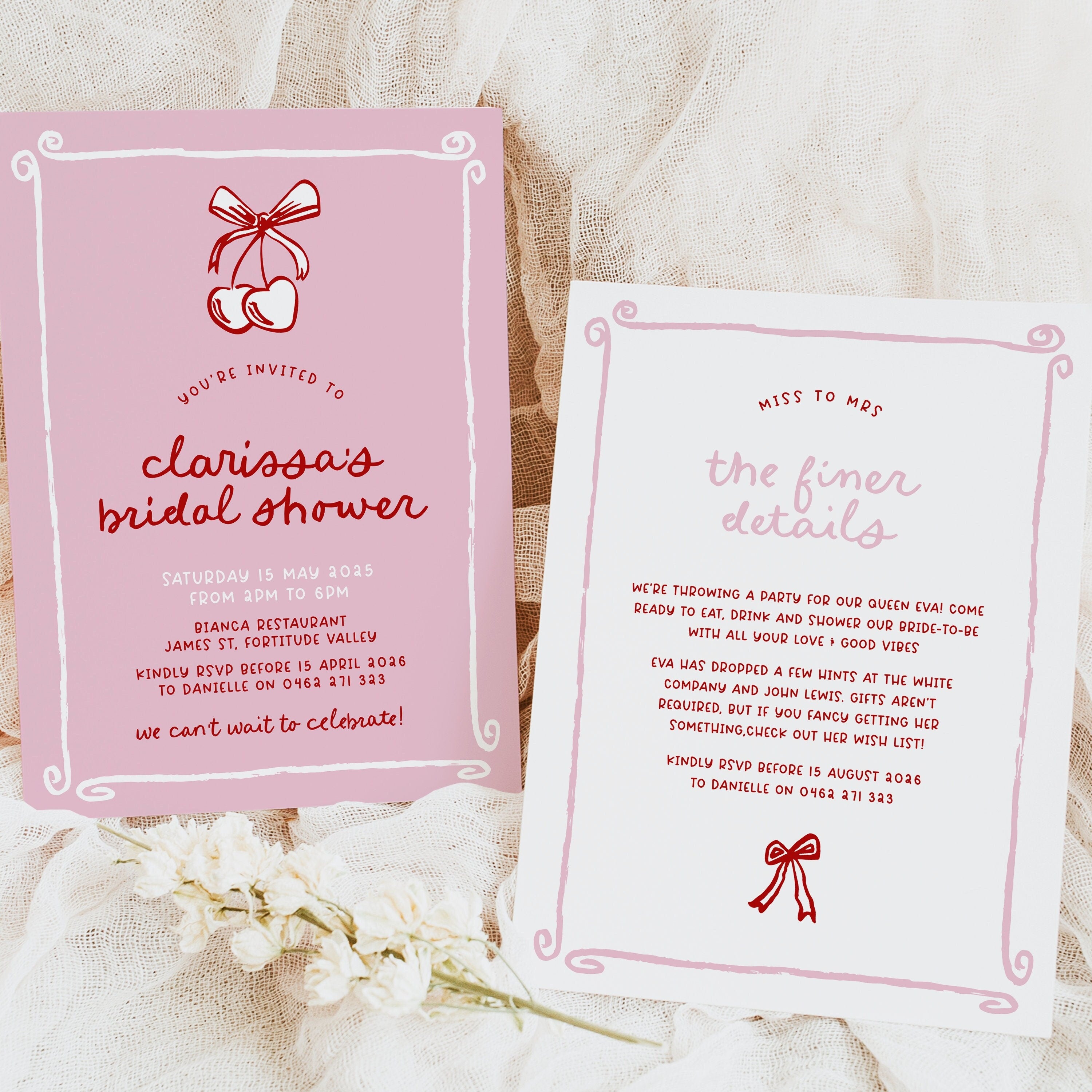 ERA Pink Red Cherry Bow Bridal Shower Invitation | Instant Download | Editable Bachelorette Invitation | Bridal Invite templett