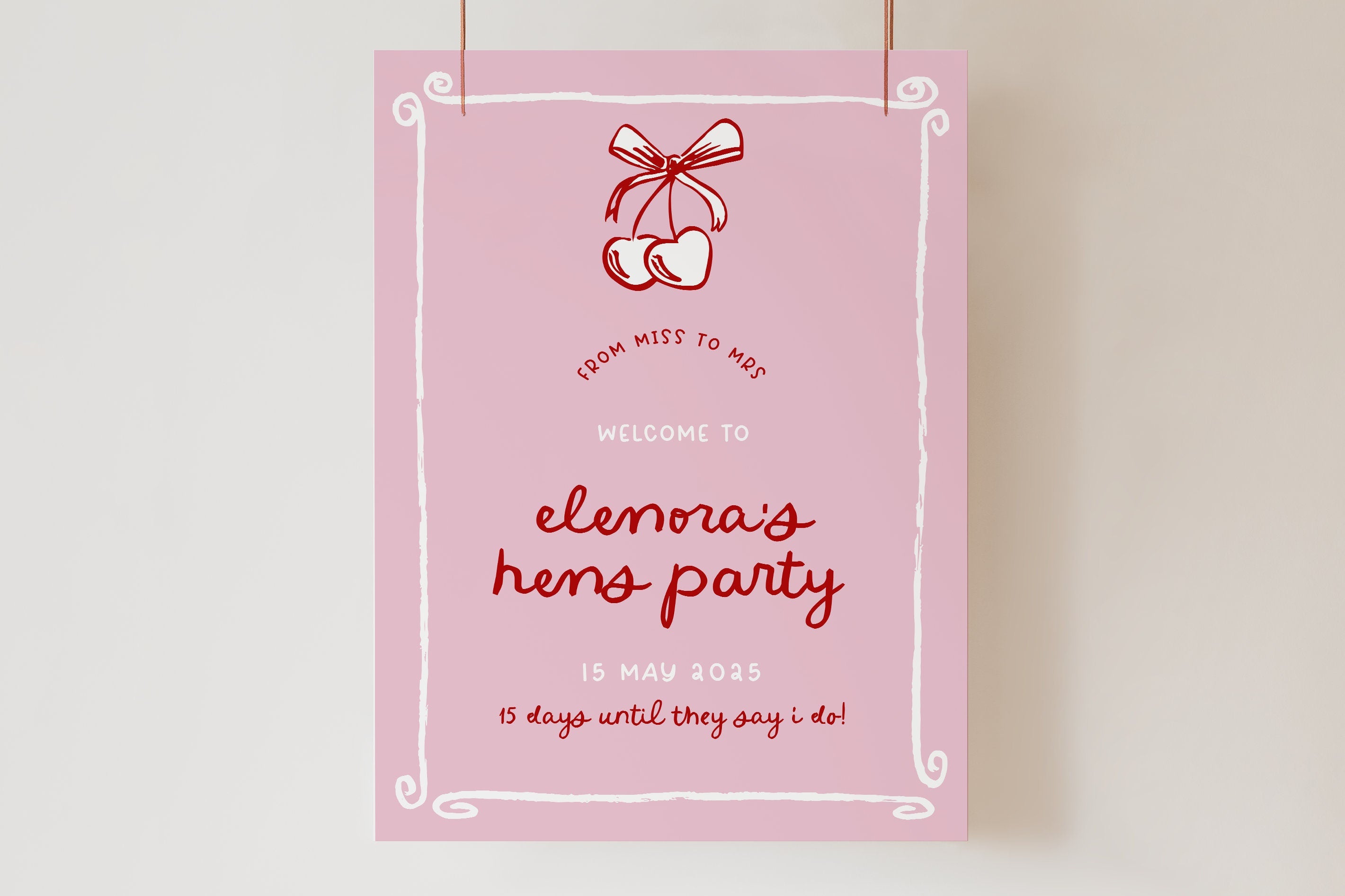 ERA Pink Red Cherry Bow Bridal Shower Welcome Sign | Instant Download | Editable Bachelorette Invitation | Bridal Sign templett