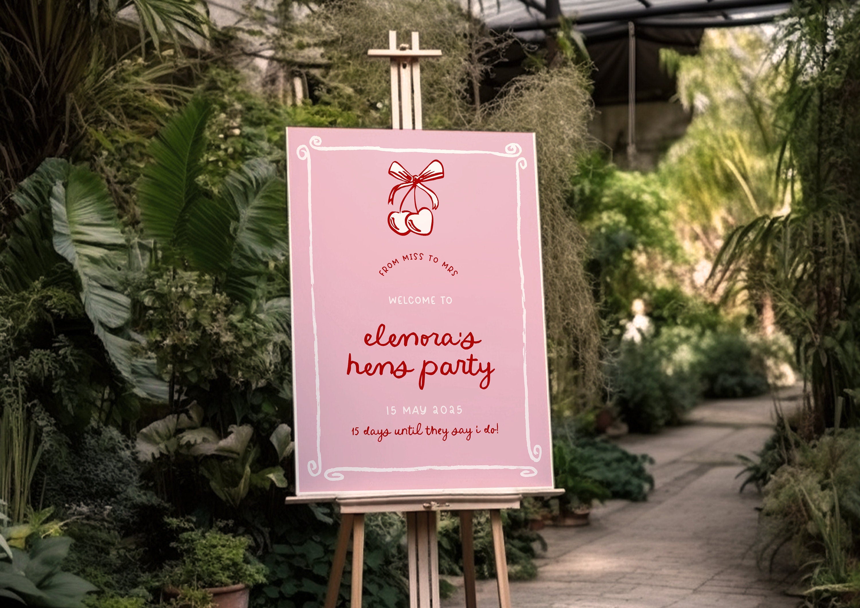 ERA Pink Red Cherry Bow Bridal Shower Welcome Sign | Instant Download | Editable Bachelorette Invitation | Bridal Sign templett