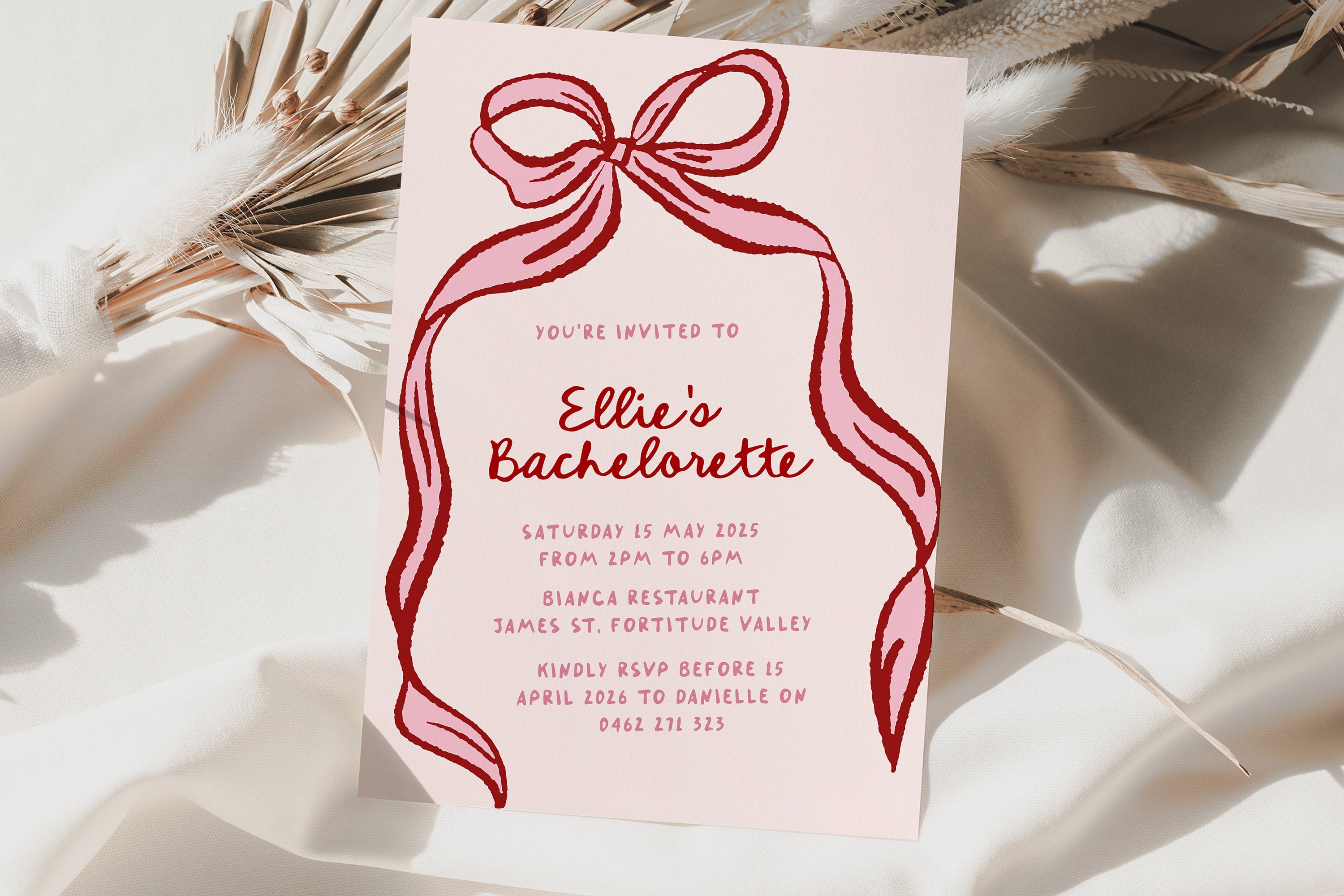 ODETTE Bow Bachelorette Invitation Template | Instant Download | Editable Pink Hens Bridal Birthday Invitation | Bridal Invite templett