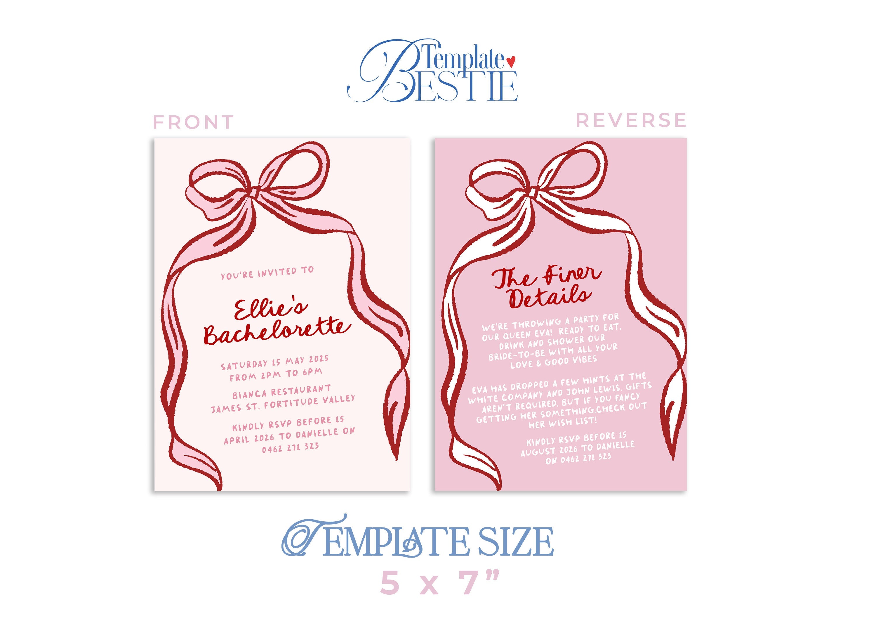 ODETTE Bow Bachelorette Invitation Template | Instant Download | Editable Pink Hens Bridal Birthday Invitation | Bridal Invite templett