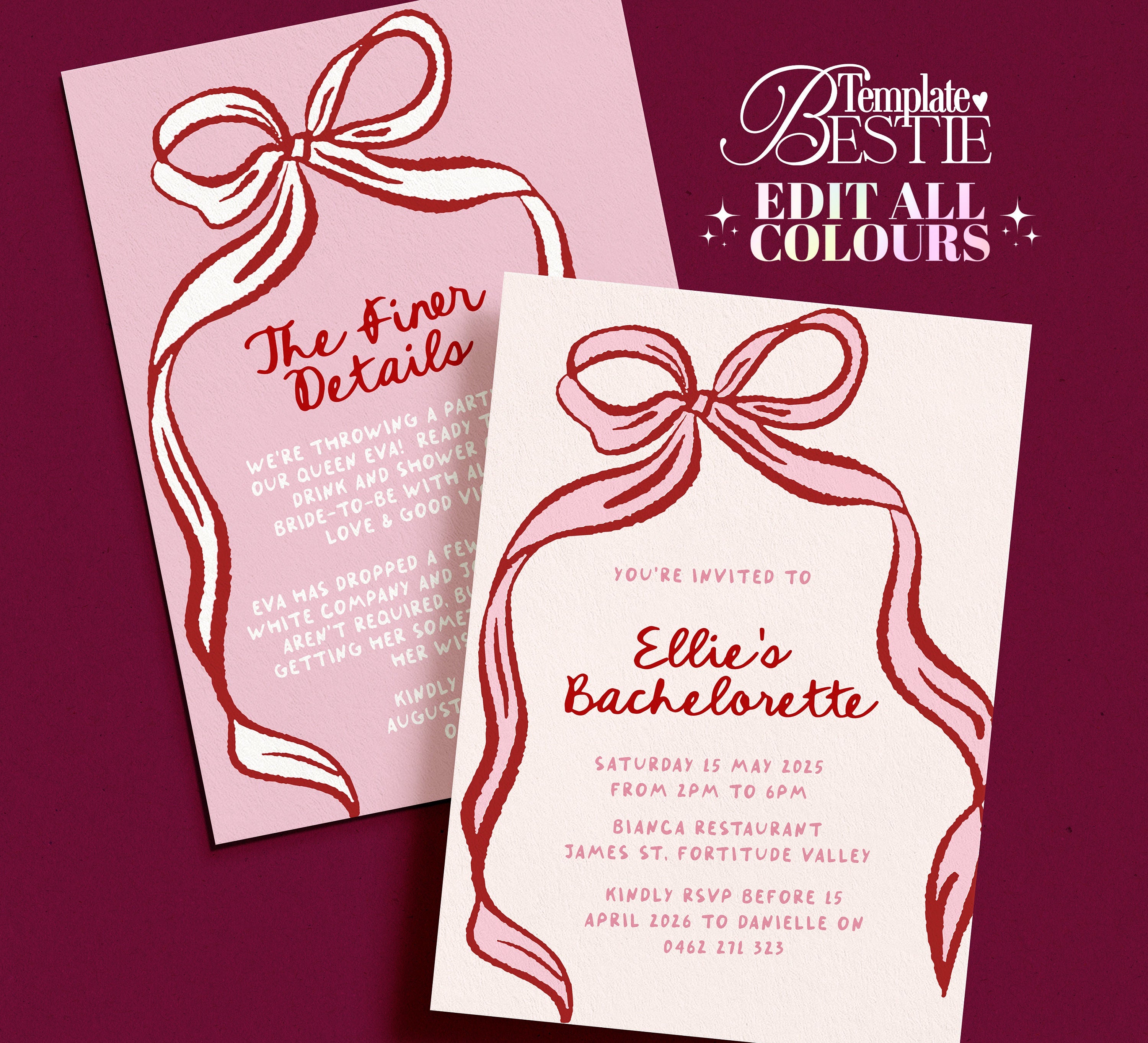 ODETTE Pink Red Bow Bachelorette Invitation | Instant Download | Editable Hens Bridal Birthday Invitation | Bridal Invite templett