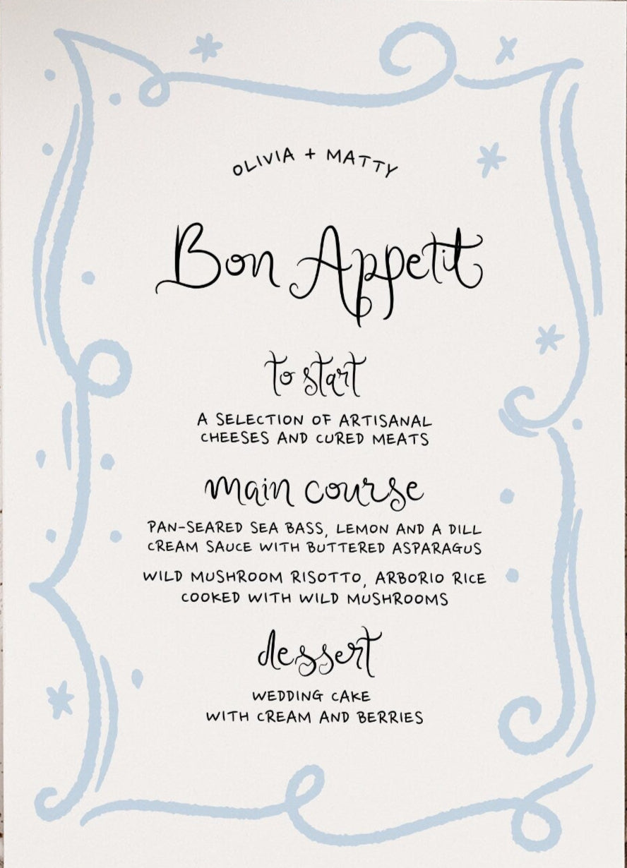 JUPITER Hand Written party dinner Menu Template, Whimsical Menu Card Border, Printable birthday Menu Template, Hand Drawn Menu Wedding