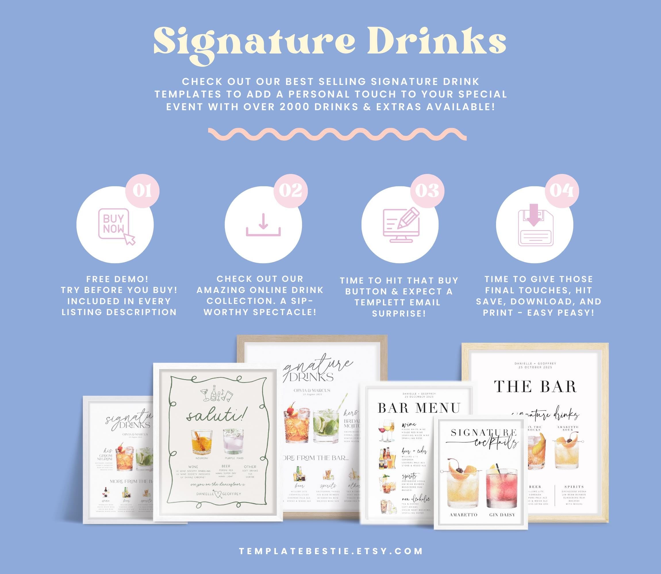 SASHA Hand Drawn Signature Drinks Sign, His and Hers Cocktail Sign, Wedding Signature Drinks, Editable Bar Menu, wedding bar sign, Templett