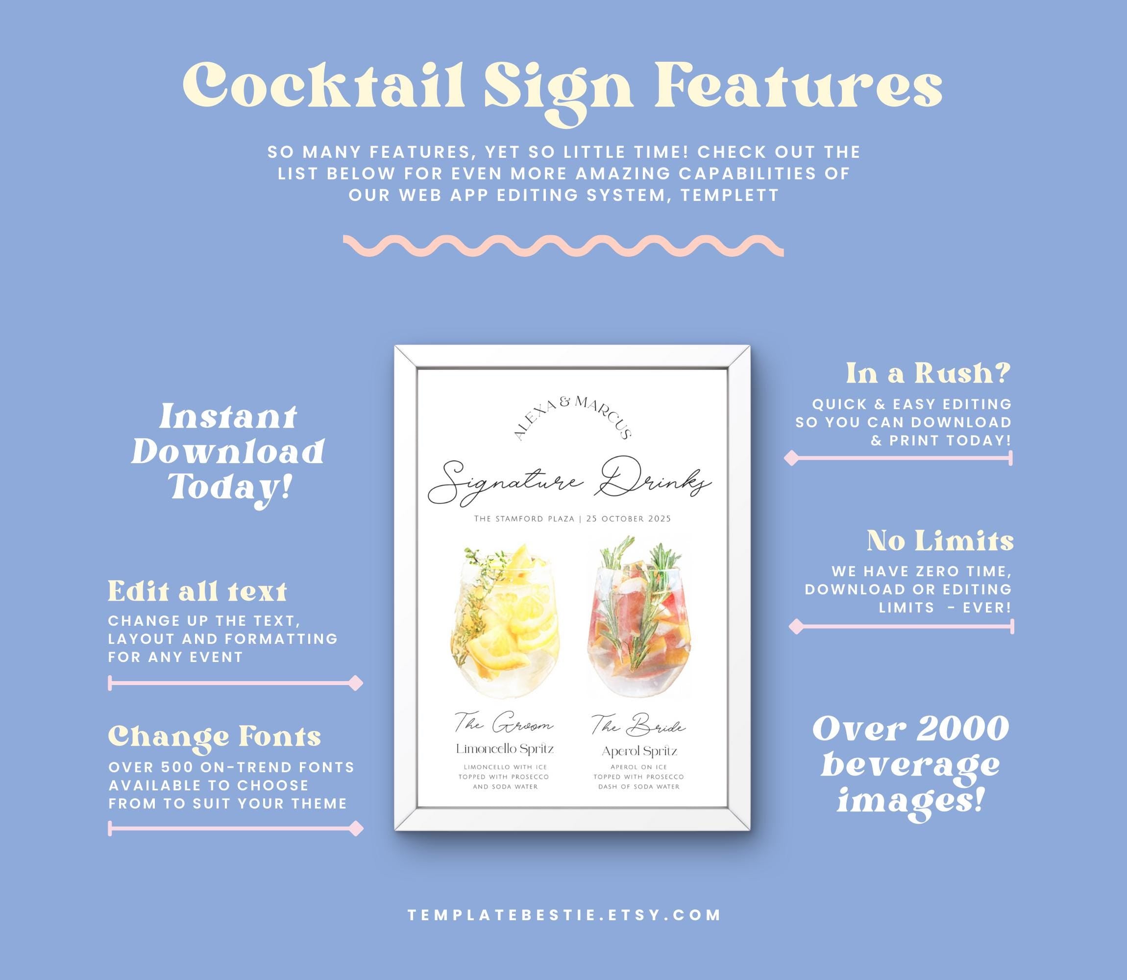 SASHA Hand Drawn Signature Drinks Sign, His and Hers Cocktail Sign, Wedding Signature Drinks, Editable Bar Menu, wedding bar sign, Templett