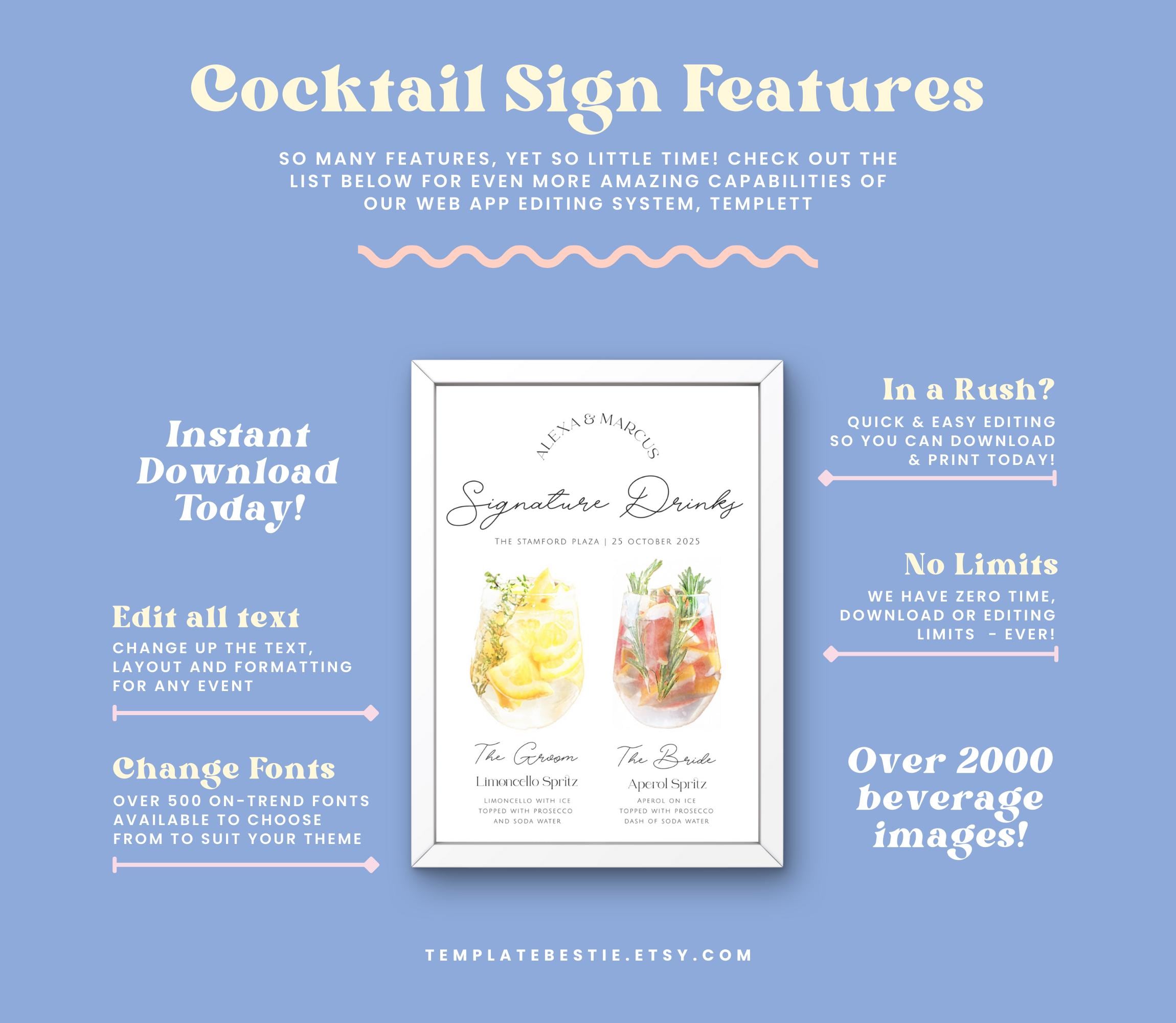 SASHA His and Hers Cocktail Sign, Wedding, Signature Drink Sign Template, Editable Wedding Bar Menu, customisable wedding bar sign, Templett