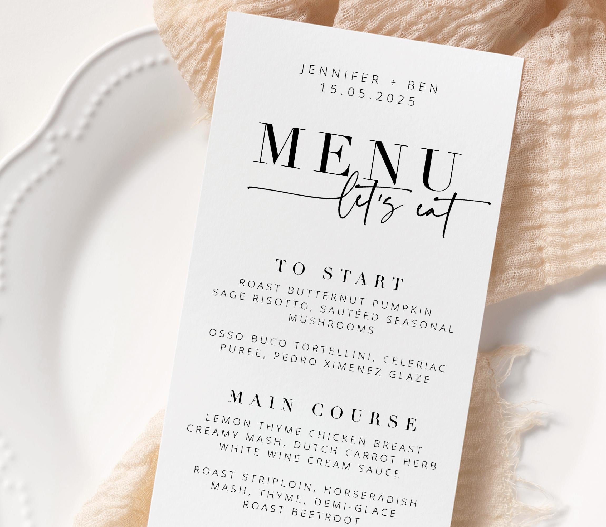 BRIBIE Modern Wedding Menu Template, Minimal Menu Card Border, Printable Party Menu Template, Simple Menu Wedding Templett