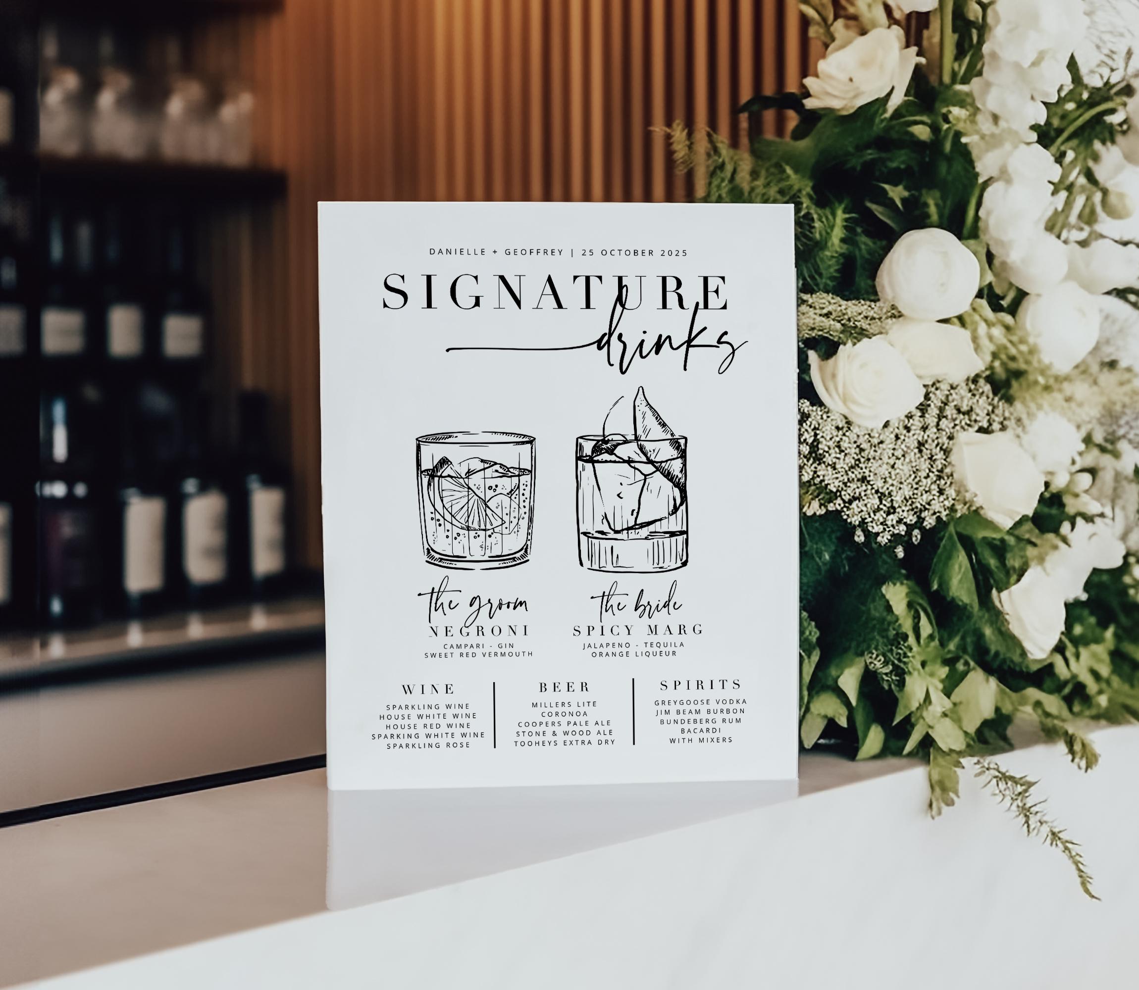 BRIBIE Hand Drawn Wedding Signature Drinks Sign, Printable Cocktail Bar Menu Template, Instant Download Template Signage, Templett Editable