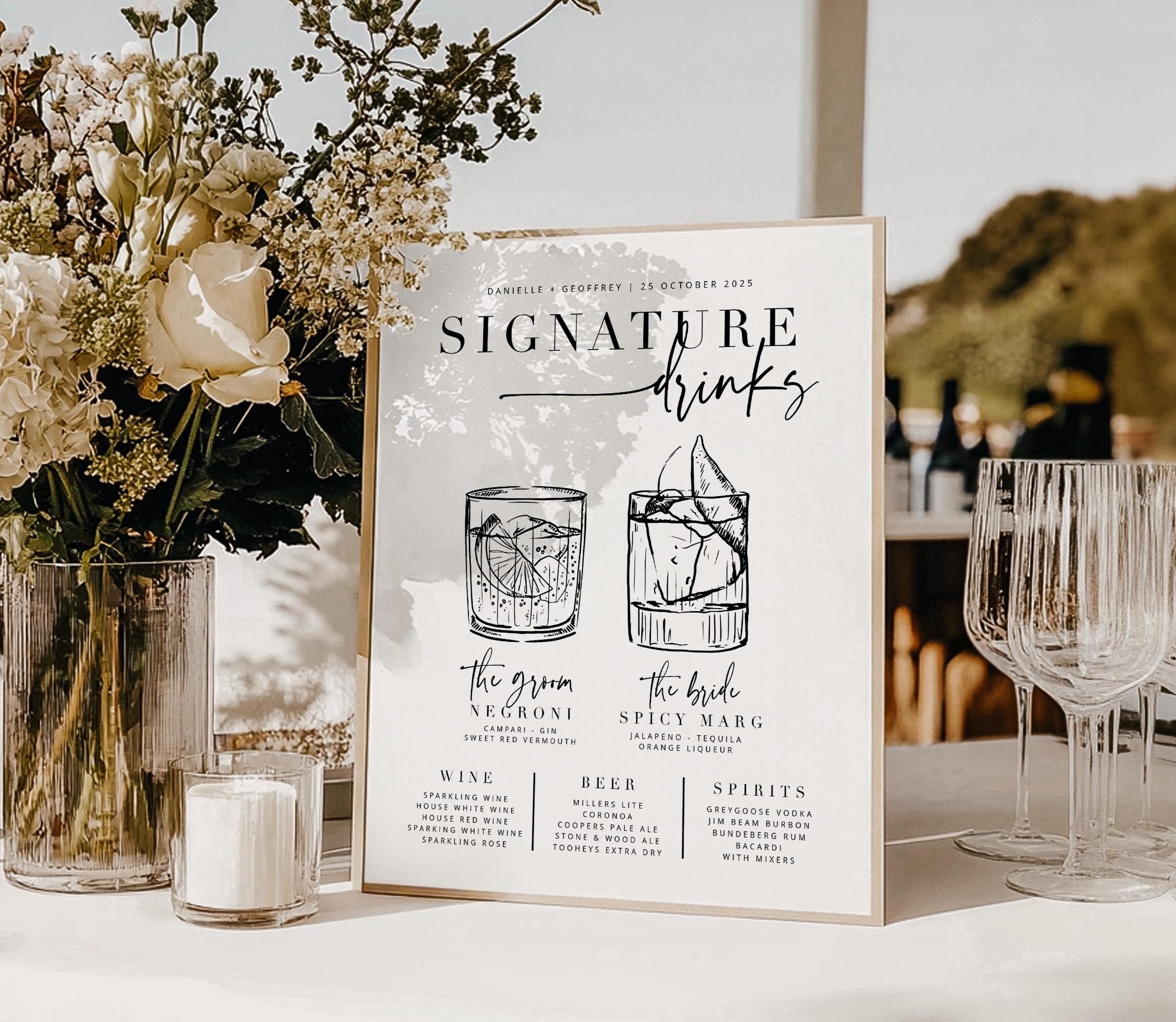 BRIBIE Hand Drawn Wedding Signature Drinks Sign, Printable Cocktail Bar Menu Template, Instant Download Template Signage, Templett Editable