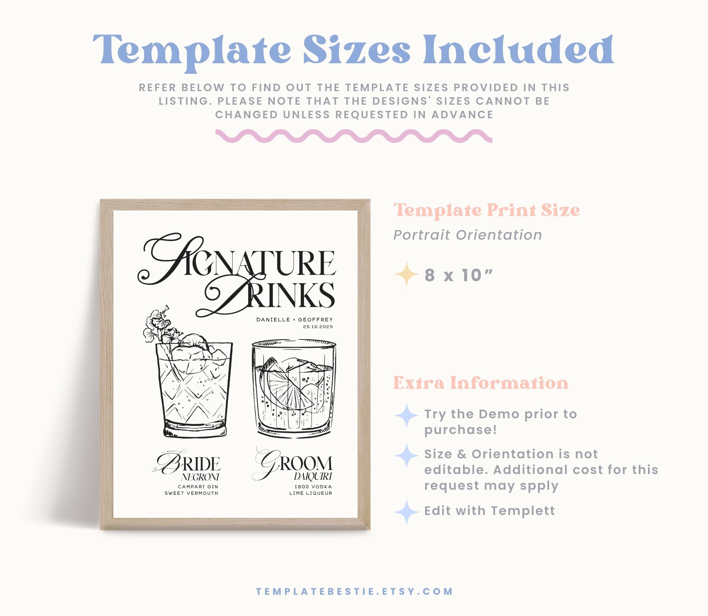 BRIBIE Hand Drawn Wedding Signature Drinks Sign, Printable Cocktail Bar Menu Template, Instant Download Template Signage, Templett Editable