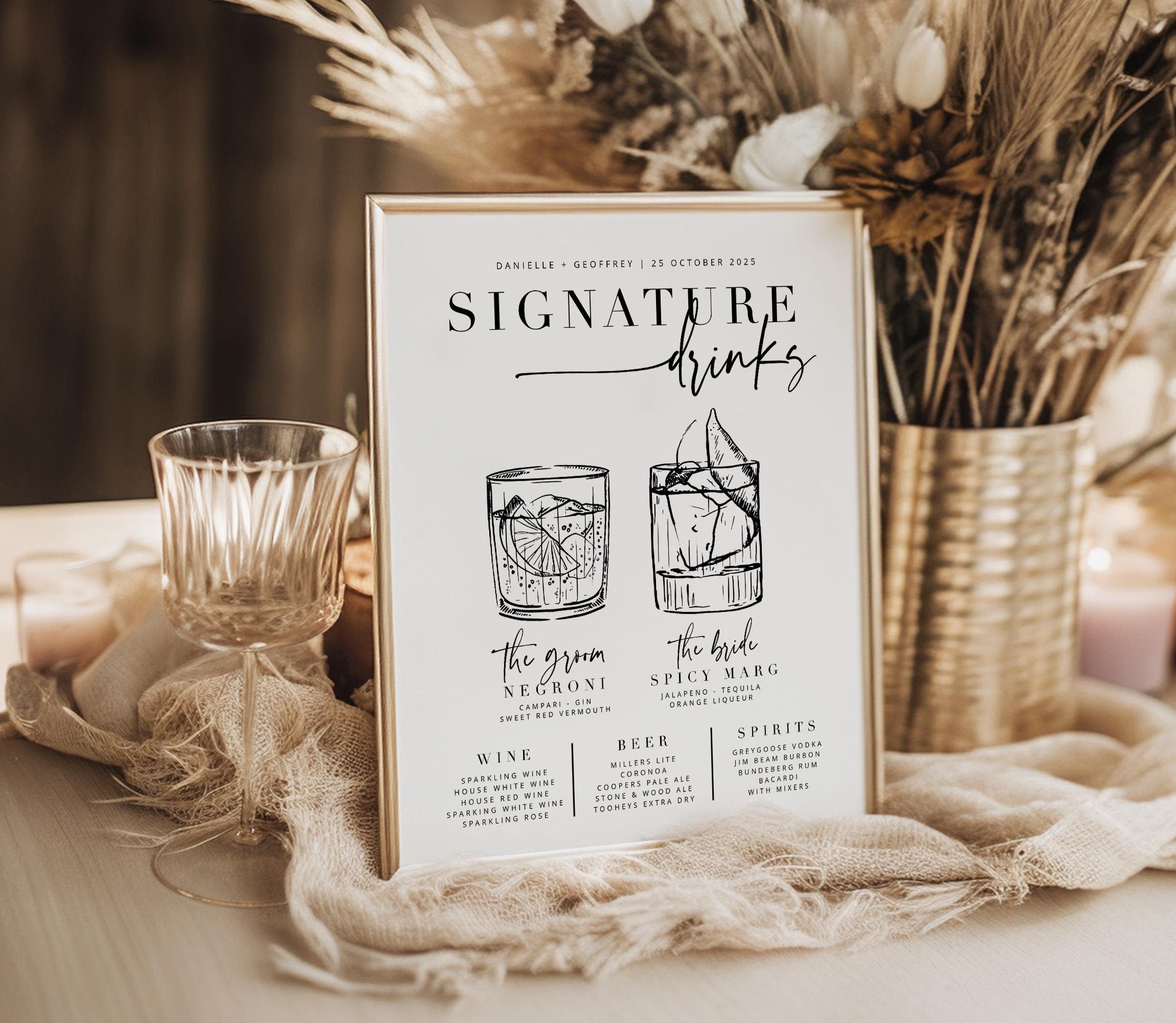 BRIBIE Wedding Signature Drinks Sign, Printable Cocktail Bar Menu Template, Instant Download Template Signage, Templett Editable