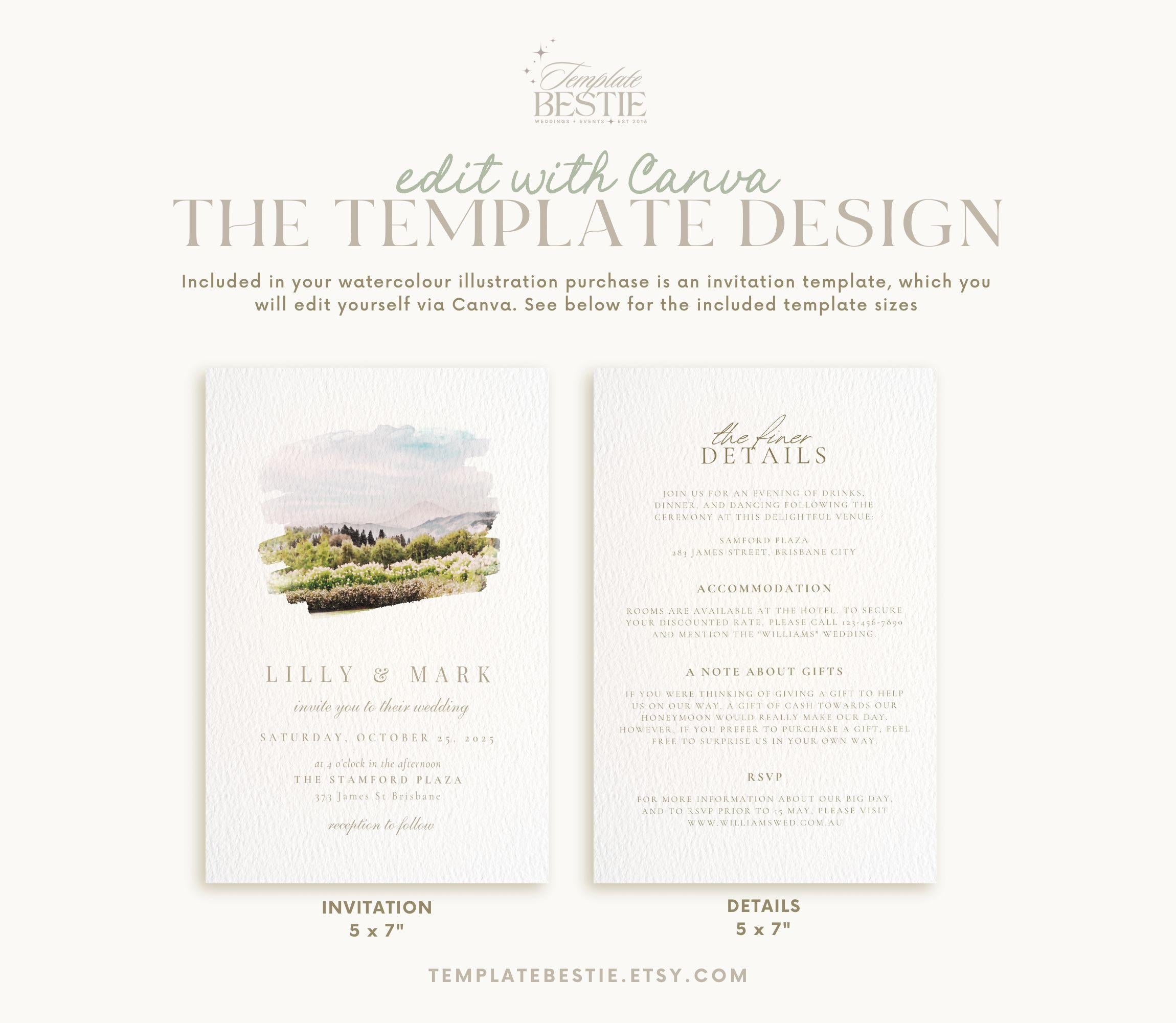 Elegent Watercolour Wedding Venue Illustration, Personalised Digital Invitation & Envelope Template, Watercolour Wedding Template Canva