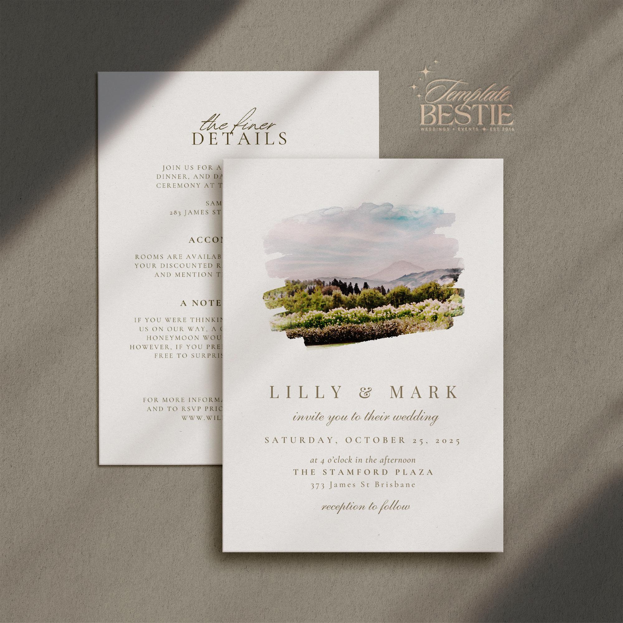 Elegent Watercolour Wedding Venue Illustration, Personalised Digital Invitation & Envelope Template, Watercolour Wedding Template Canva