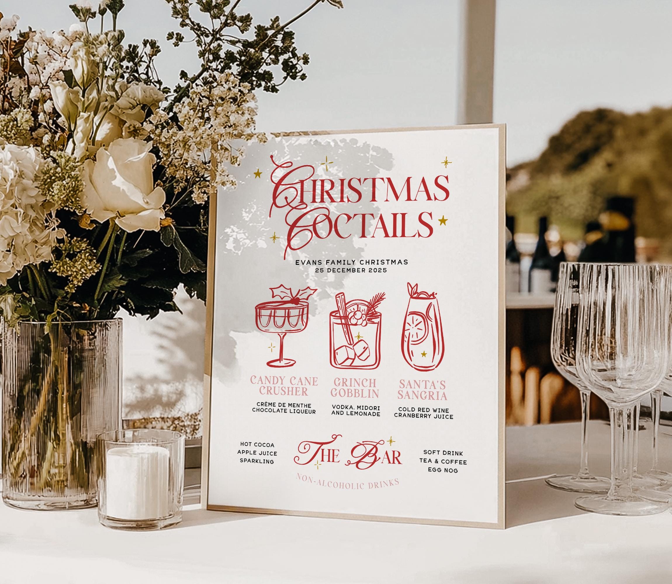 Whimsical Christmas Cocktails Sign Template, Printable Cocktail Bar Menu Template, Instant Download Template Signage, Templett Editable