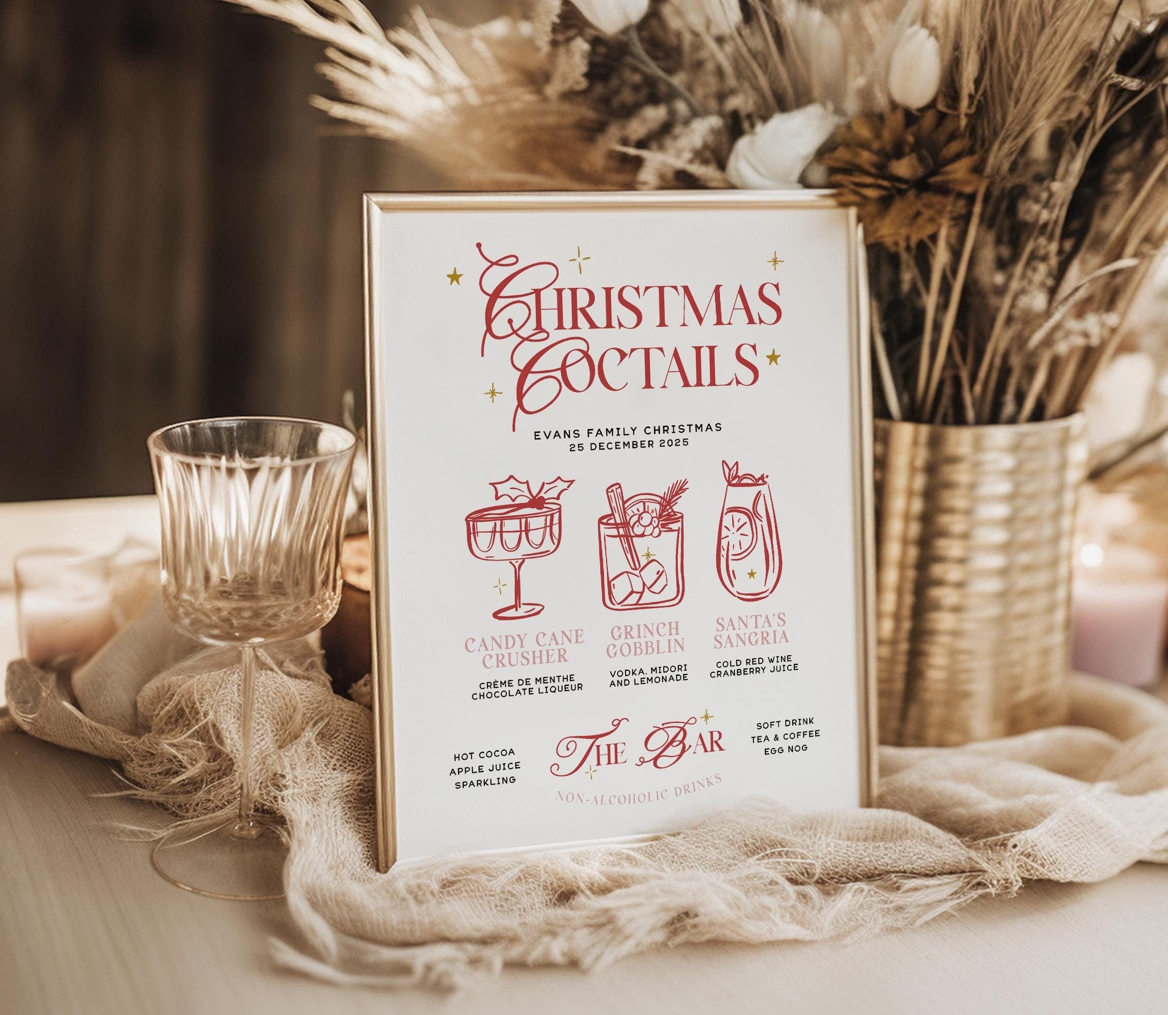 Whimsical Christmas Cocktails Sign Template, Printable Cocktail Bar Menu Template, Instant Download Template Signage, Templett Editable