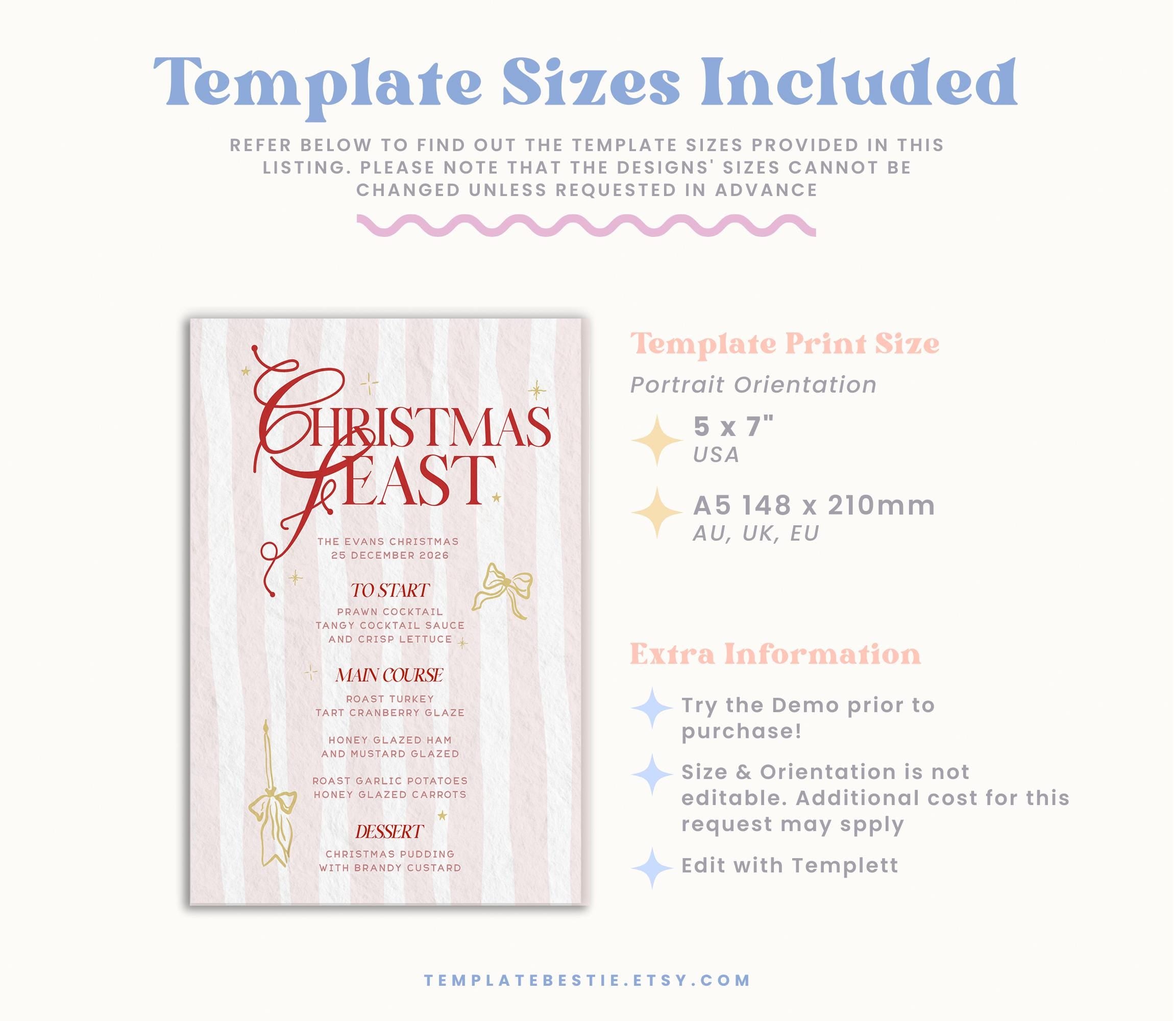 Pink Red Christmas Bow Menu Template - Editable Holiday Dinner Menu - Printable Christmas Decor - Festive Bow Design, Whimsical Christmas