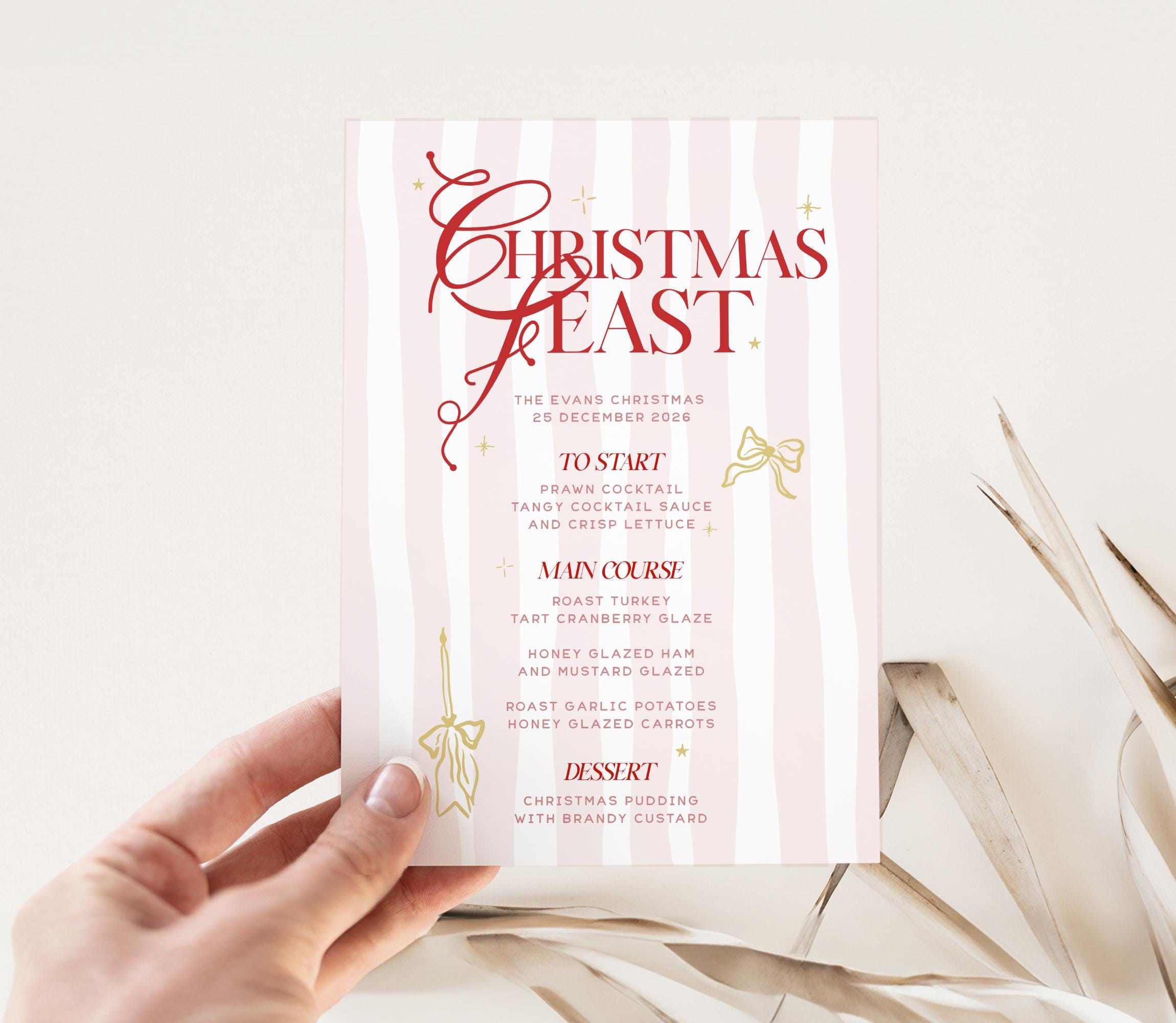 Pink Red Christmas Bow Menu Template - Editable Holiday Dinner Menu - Printable Christmas Decor - Festive Bow Design, Whimsical Christmas