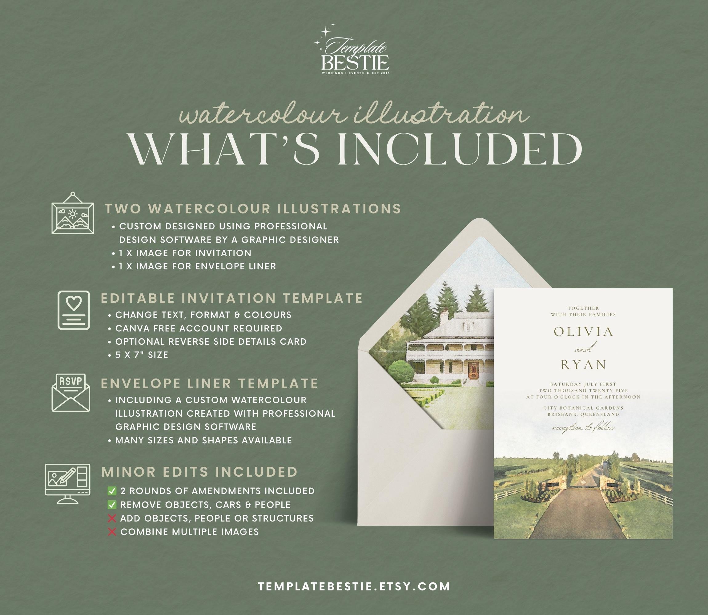 Elegent Watercolour Wedding Venue Illustration, Personalised Digital Invitation & Envelope Template, Watercolour Wedding Template Canva