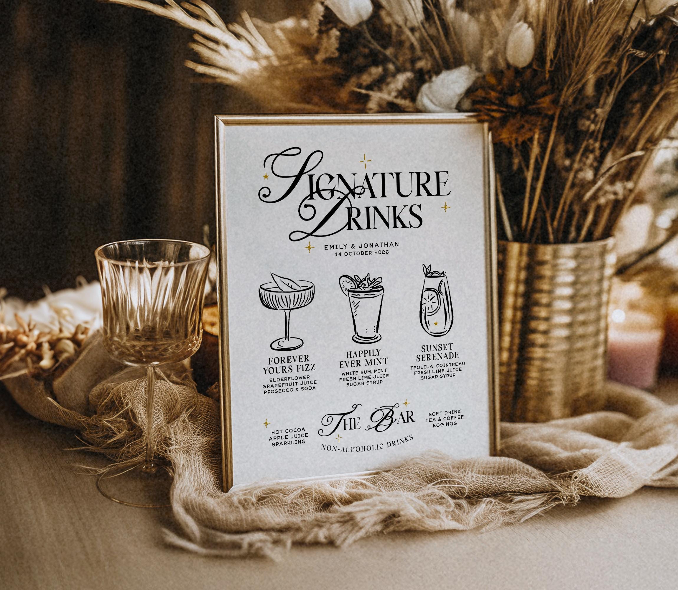 SASHA Modern Wedding Signature Drinks Sign, Outline Printable Cocktail Bar Menu Template, Instant Download Template Signage, Templett