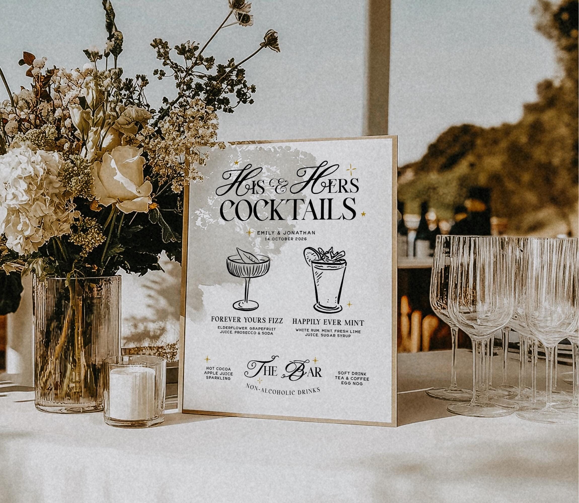 SASHA His and Hers Cocktail Sign, Wedding, Signature Drink Sign Template, Editable Wedding Bar Menu, customisable wedding bar sign, Templett