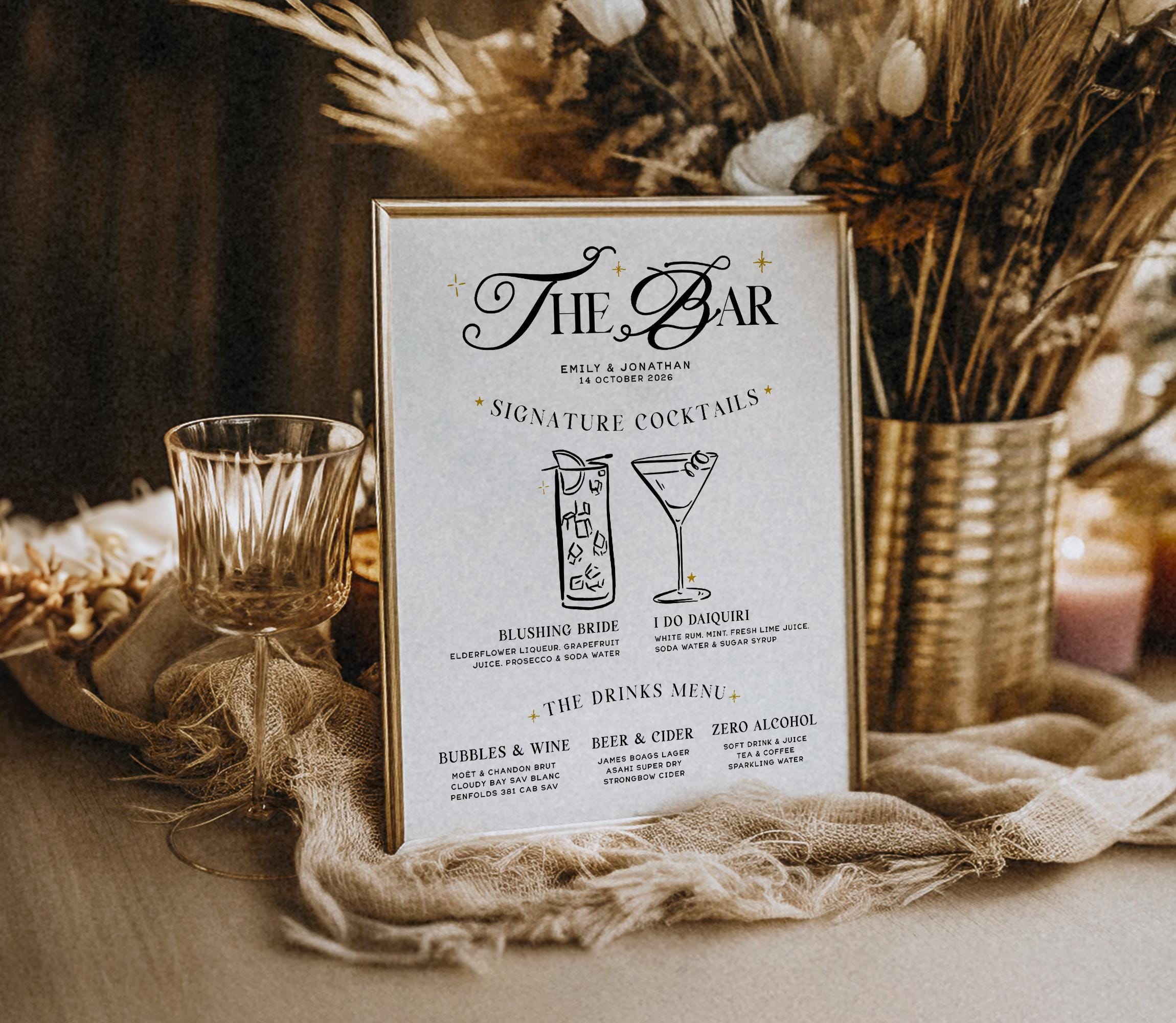 SASHA Wedding Bar Sign, Hand Drawn Signature Cocktails, Customisable Wedding Menu, Fun Cocktail Bar Decor, Digital Download, Templett