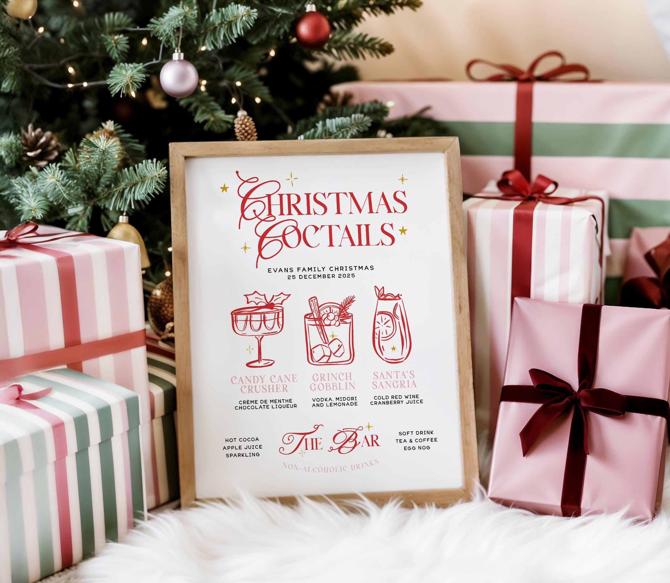 Whimsical Christmas Cocktails Sign Template, Printable Cocktail Bar Menu Template, Instant Download Template Signage, Templett Editable