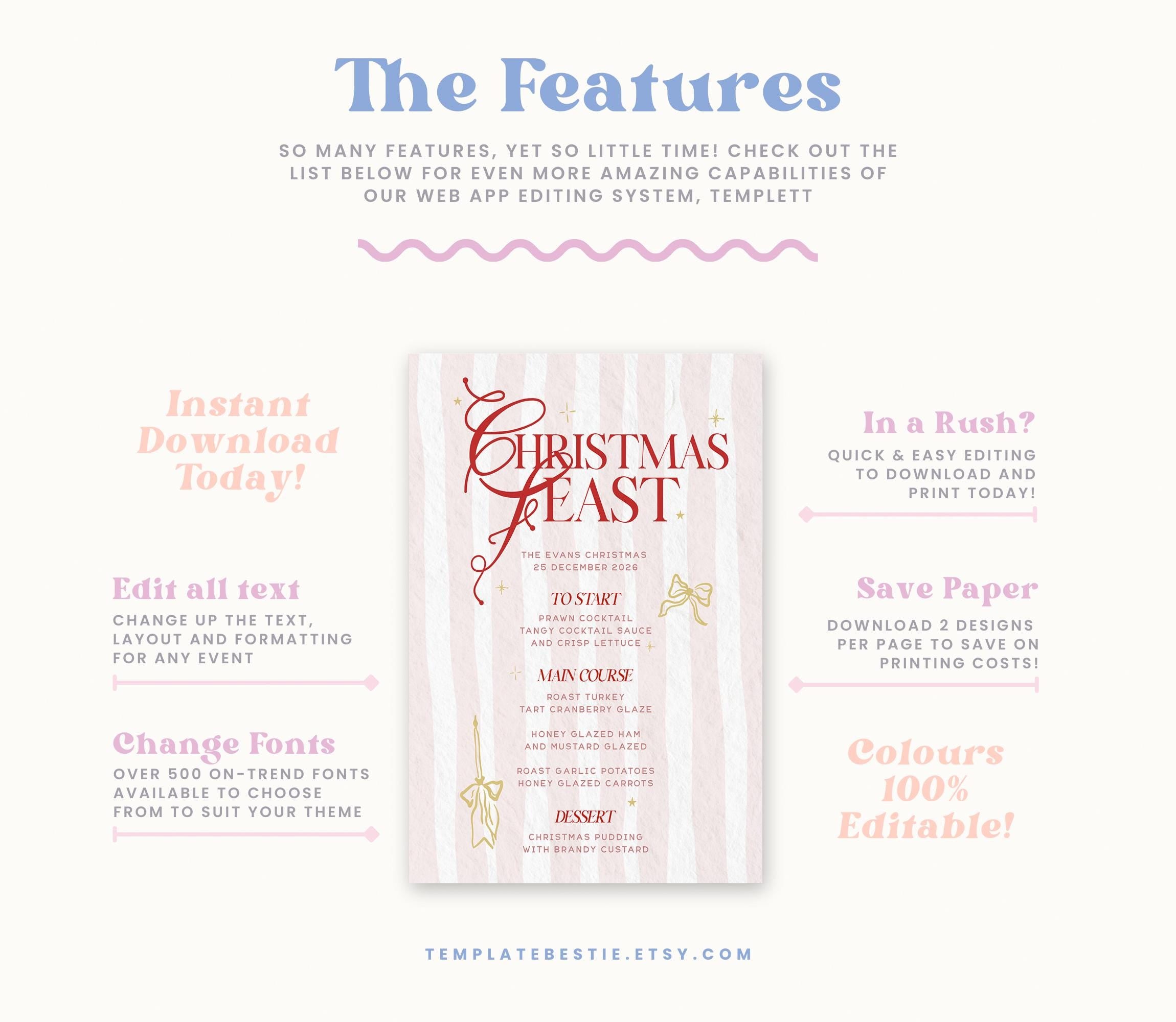 Pink Red Christmas Bow Menu Template - Editable Holiday Dinner Menu - Printable Christmas Decor - Festive Bow Design, Whimsical Christmas