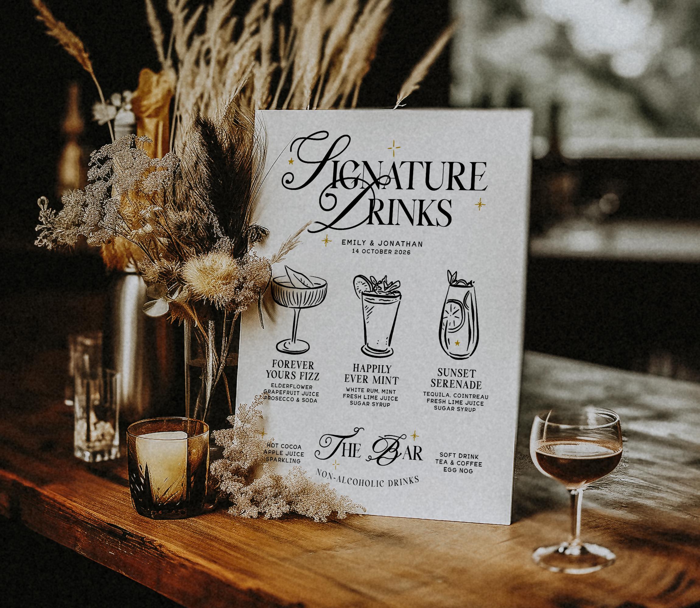 SASHA Elegant Signature Drink Sign - Customisable Wedding Bar Sign - Unique Cocktail Menu, Instant Download Template Signage, Templett