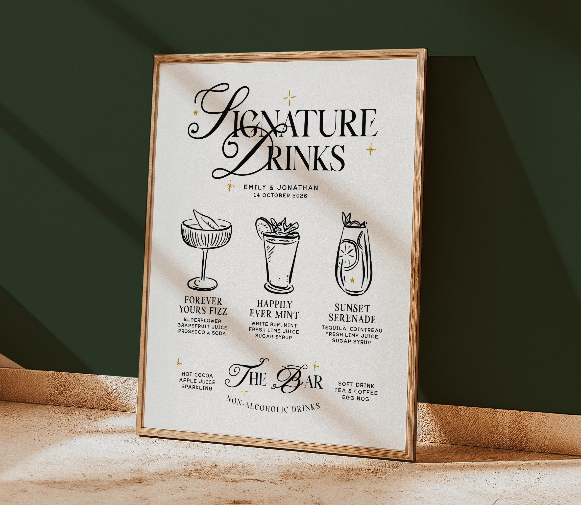 SASHA Elegant Signature Drink Sign - Customisable Wedding Bar Sign - Unique Cocktail Menu, Instant Download Template Signage, Templett