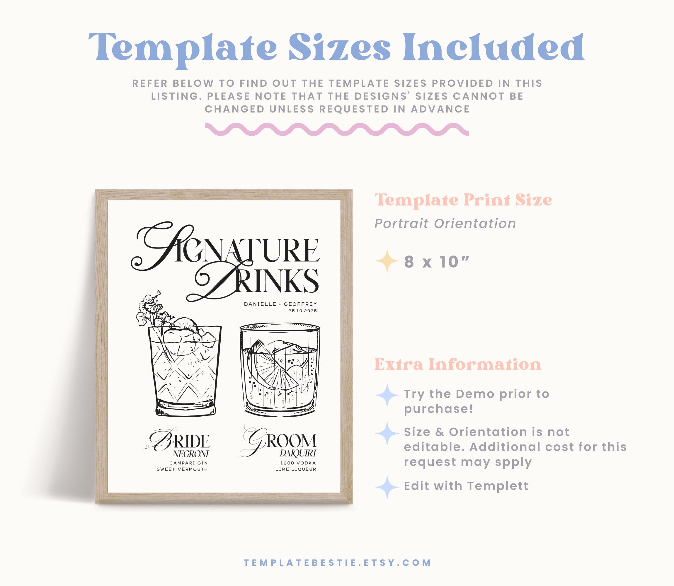 SASHA His and Hers Cocktail Sign, Wedding, Signature Drink Sign Template, Editable Wedding Bar Menu, customisable wedding bar sign, Templett