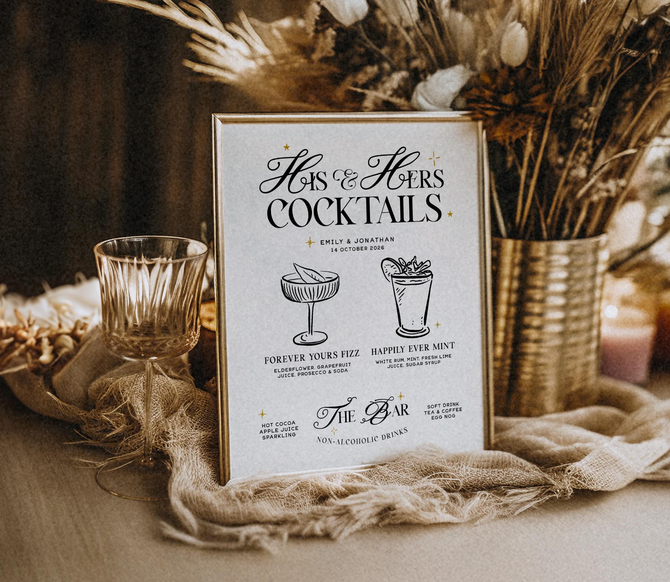 SASHA His and Hers Cocktail Sign, Wedding, Signature Drink Sign Template, Editable Wedding Bar Menu, customisable wedding bar sign, Templett