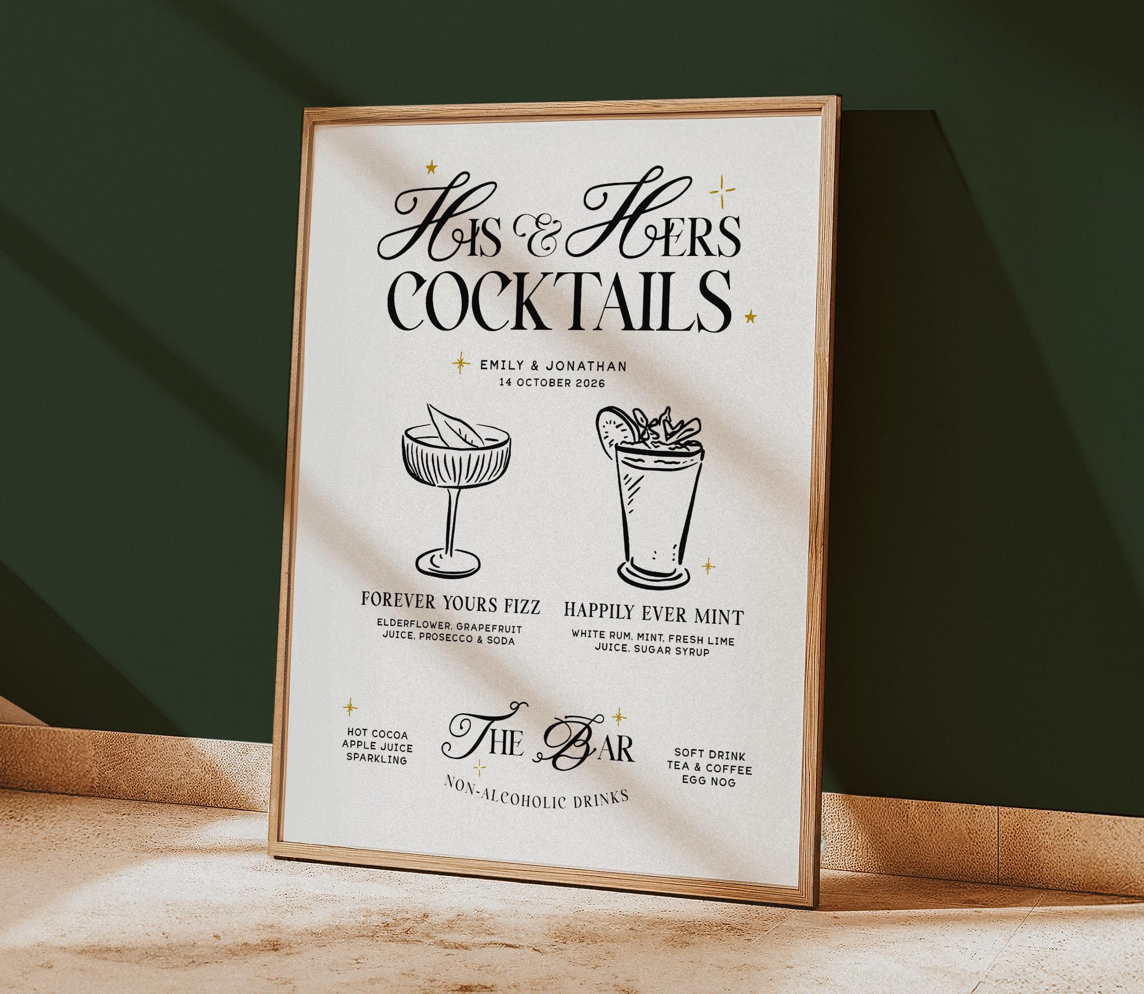 SASHA His and Hers Cocktail Sign, Wedding, Signature Drink Sign Template, Editable Wedding Bar Menu, customisable wedding bar sign, Templett