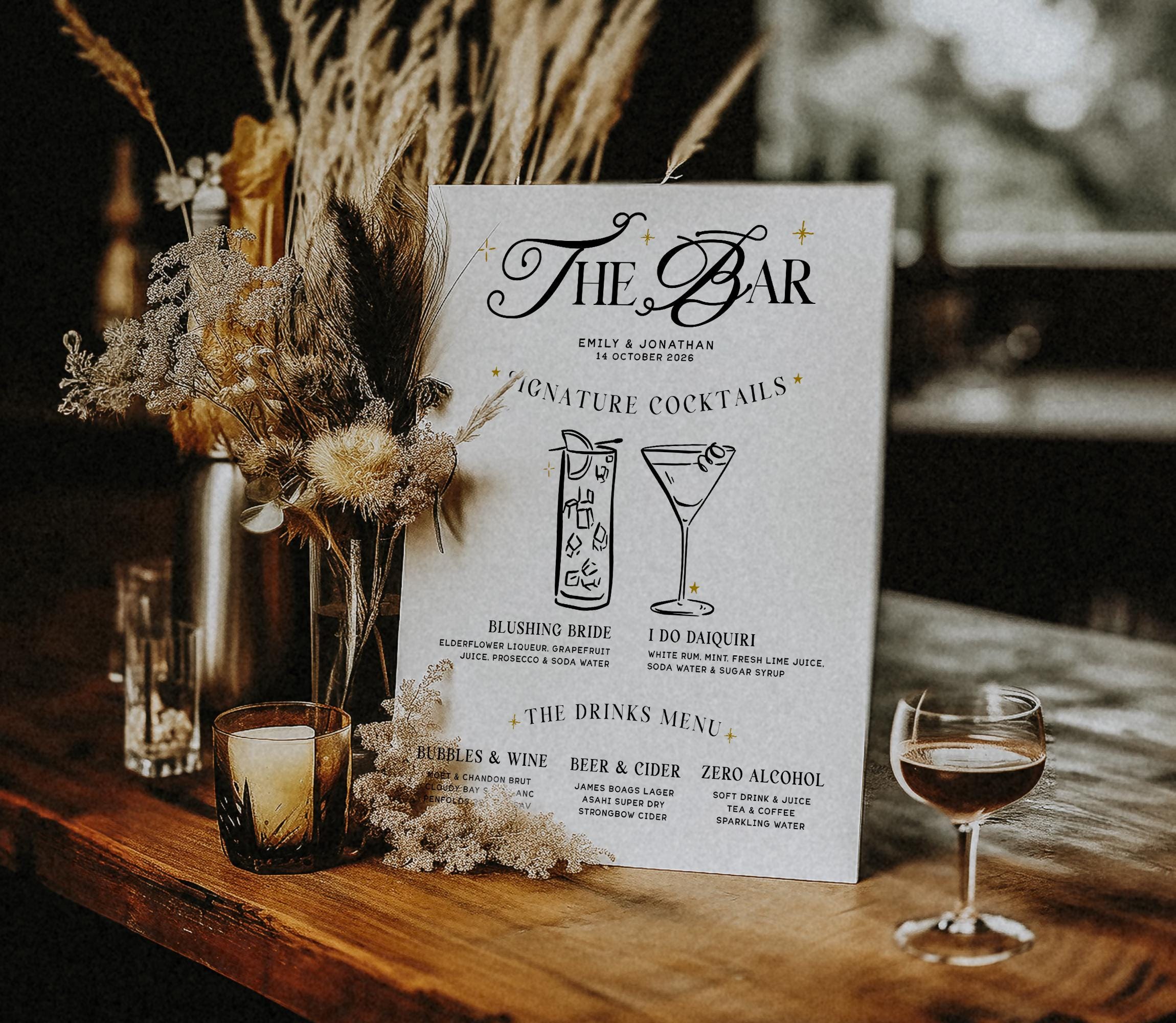 SASHA Wedding Bar Sign, Hand Drawn Signature Cocktails, Customisable Wedding Menu, Fun Cocktail Bar Decor, Digital Download, Templett