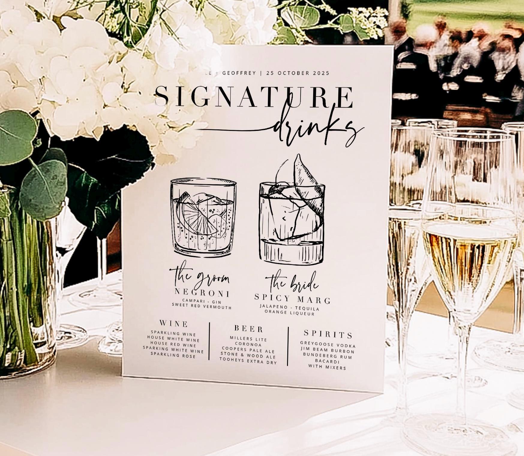 BRIBIE Hand Drawn Wedding Signature Drinks Sign, Printable Cocktail Bar Menu Template, Instant Download Template Signage, Templett Editable