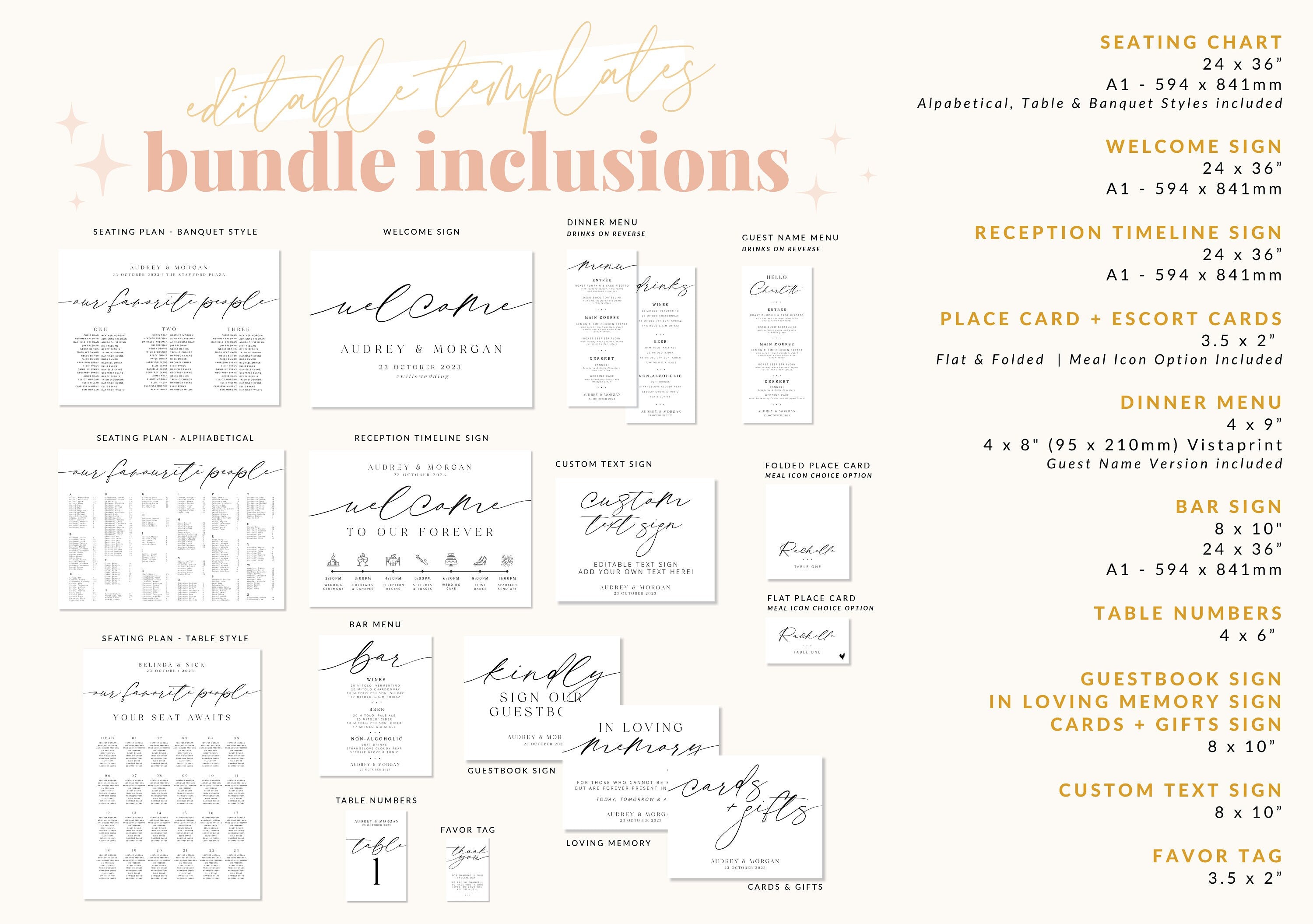 AUDREY Elegant Wedding Reception Bundle, Printable Wedding Signage, Seating Plan Welcome Sign, Instant Download Editable TEMPLETT