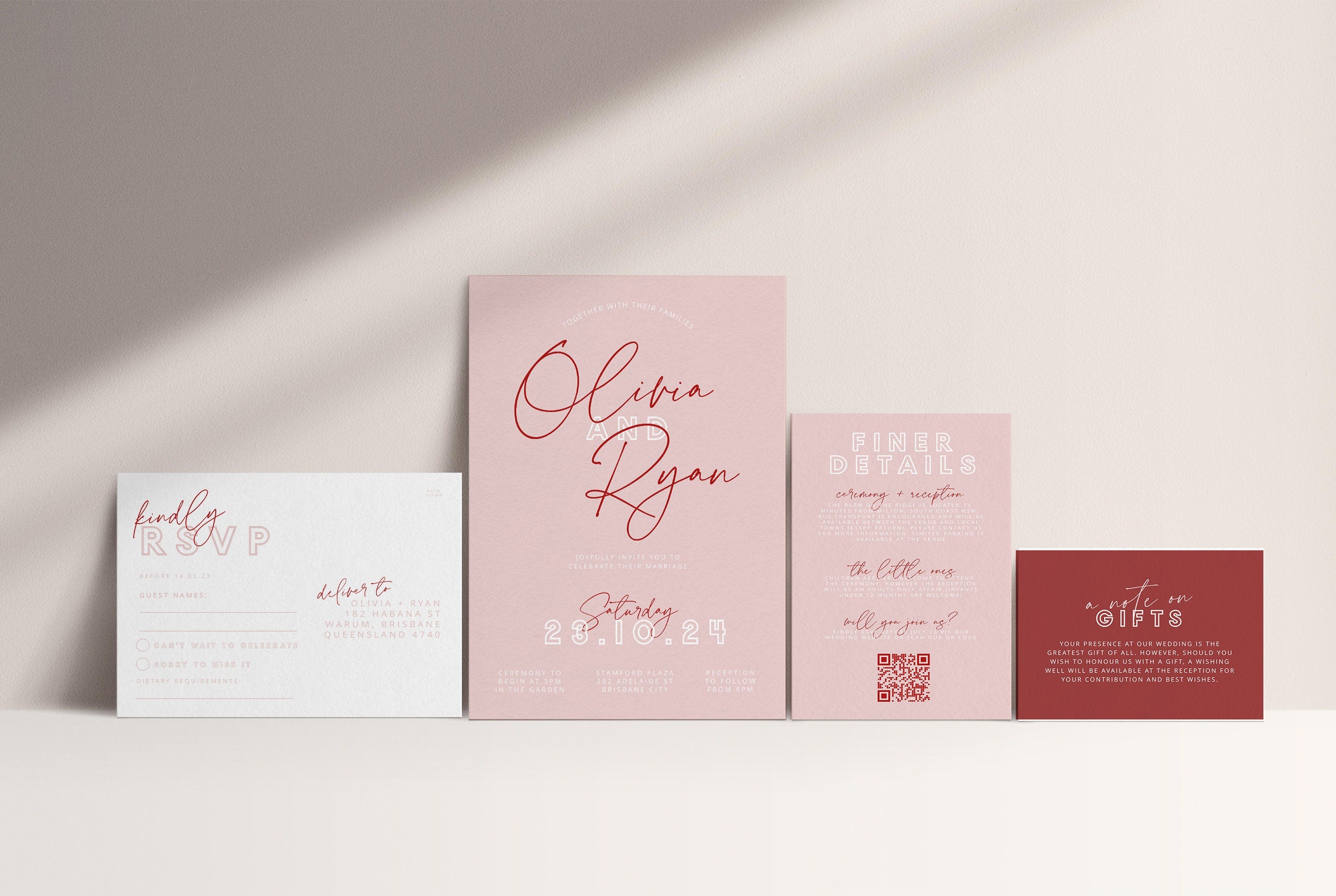 BRODY Pink Red Wedding Invitation Suite template, Printable invitation details rsvp, Instant Download Templett, editable invitation