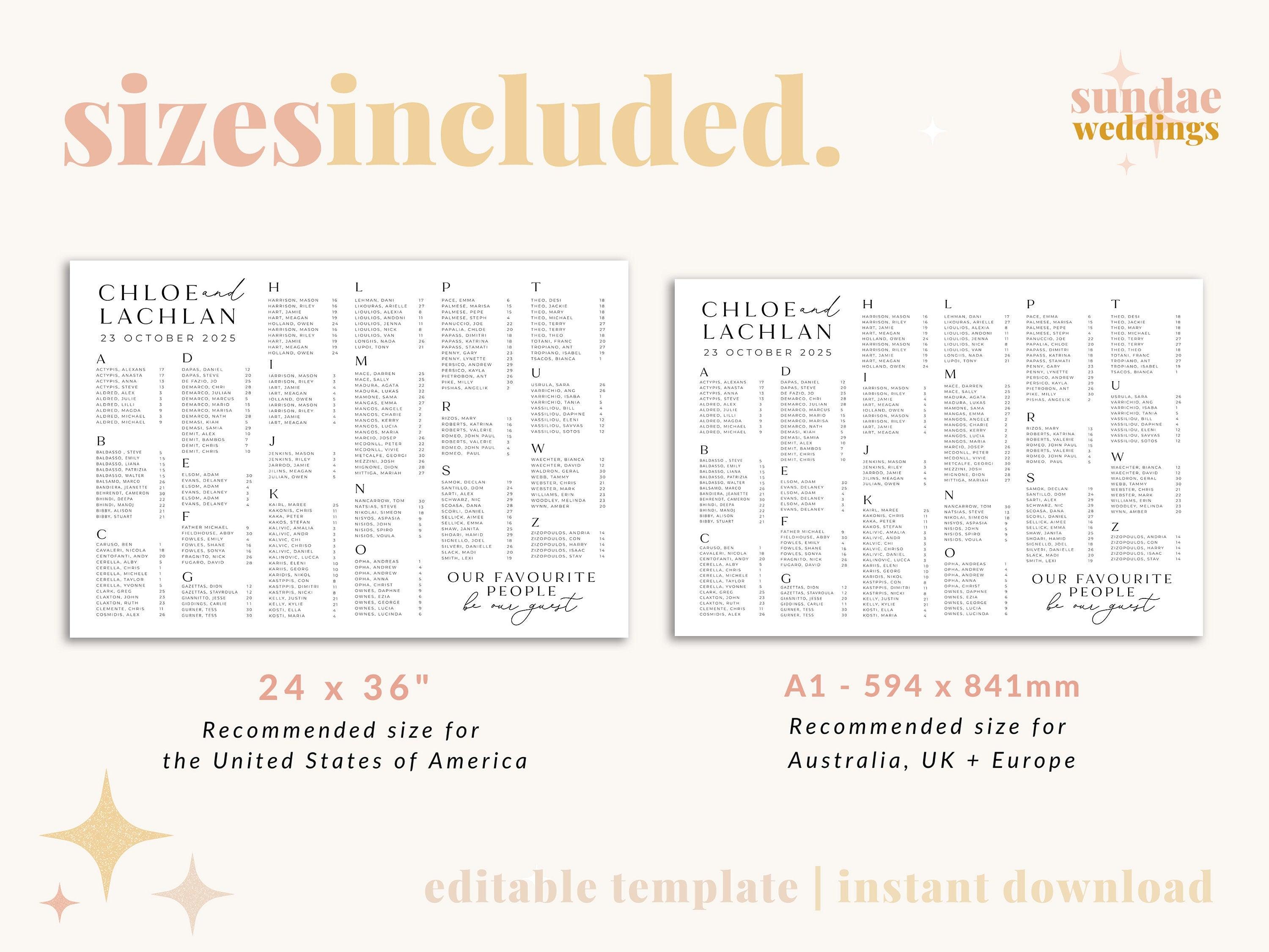 Emerson Alphabetical Seating Chart .Wedding Seating Plan .The Sundae Creative