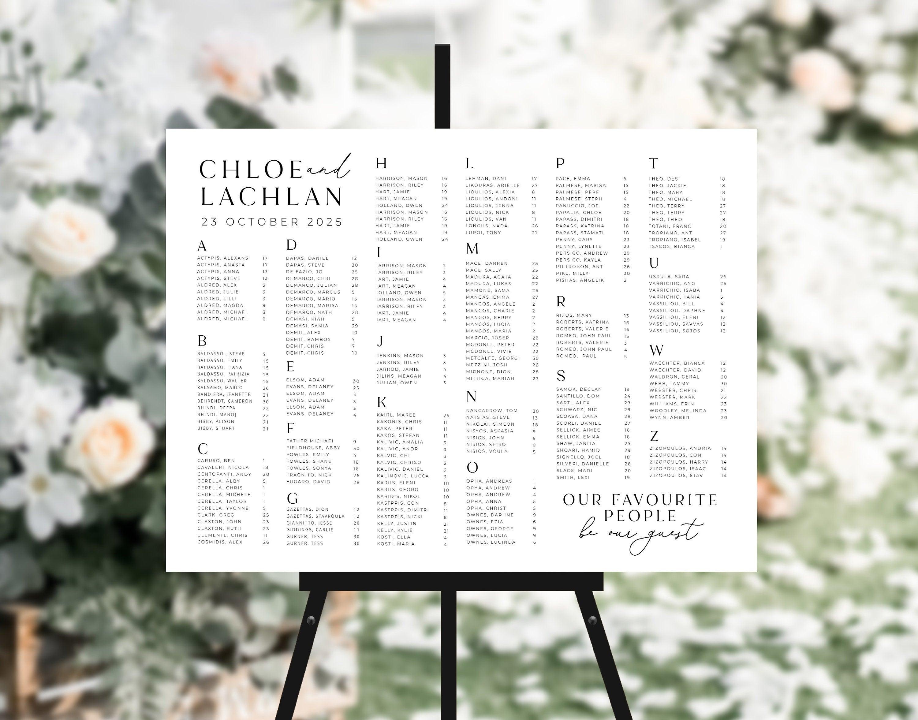 Emerson Alphabetical Seating Chart .Wedding Seating Plan .The Sundae Creative