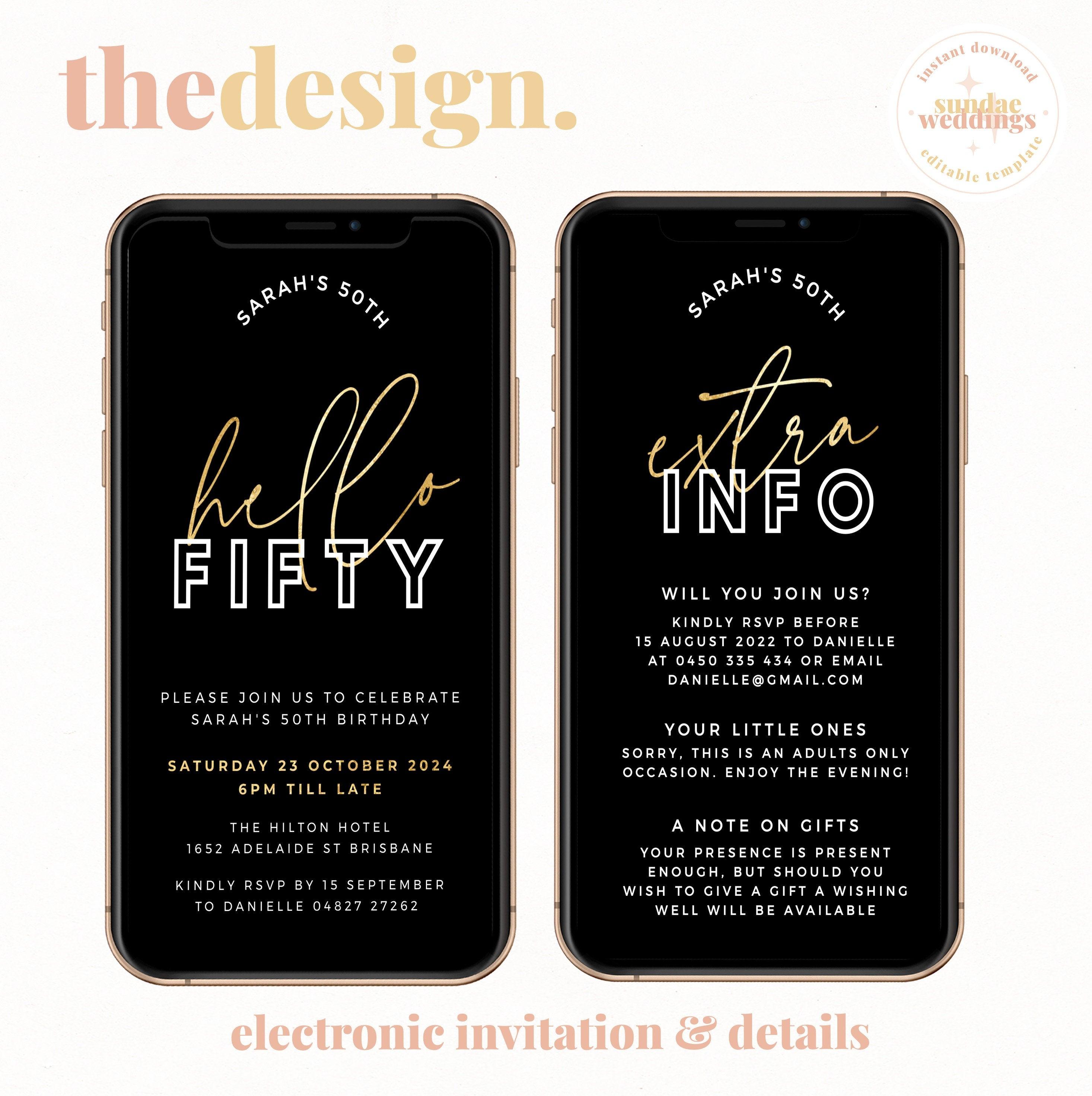 Digital Black Gold 50th Birthday Invitation Template - The Sundae Creative