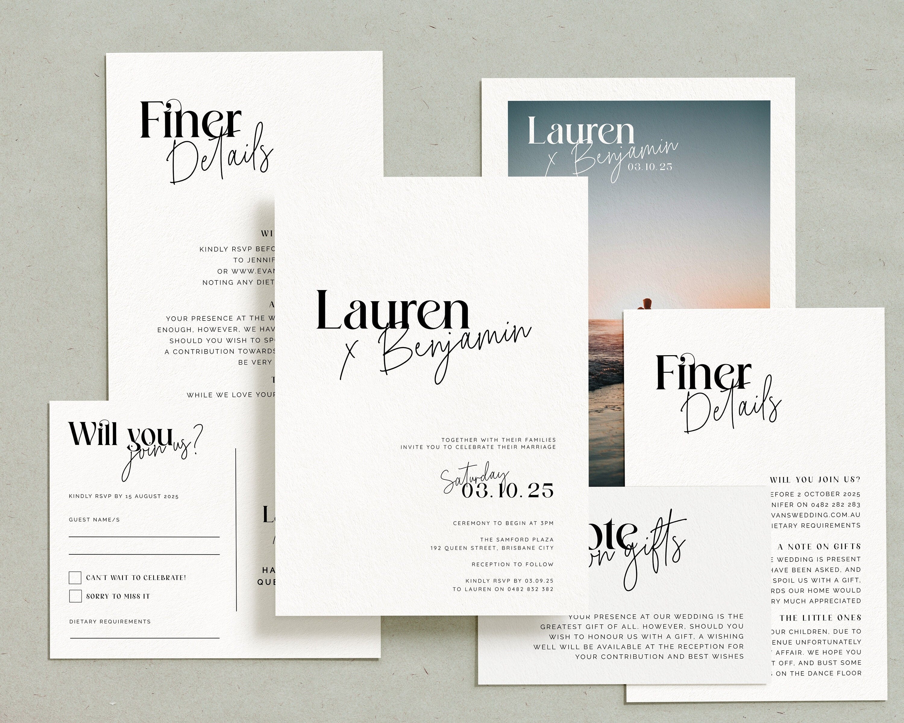 MIRAGE Modern Typography Wedding Invitation Suite Template, Printable Minimalist black Invite, Instant Download Templett