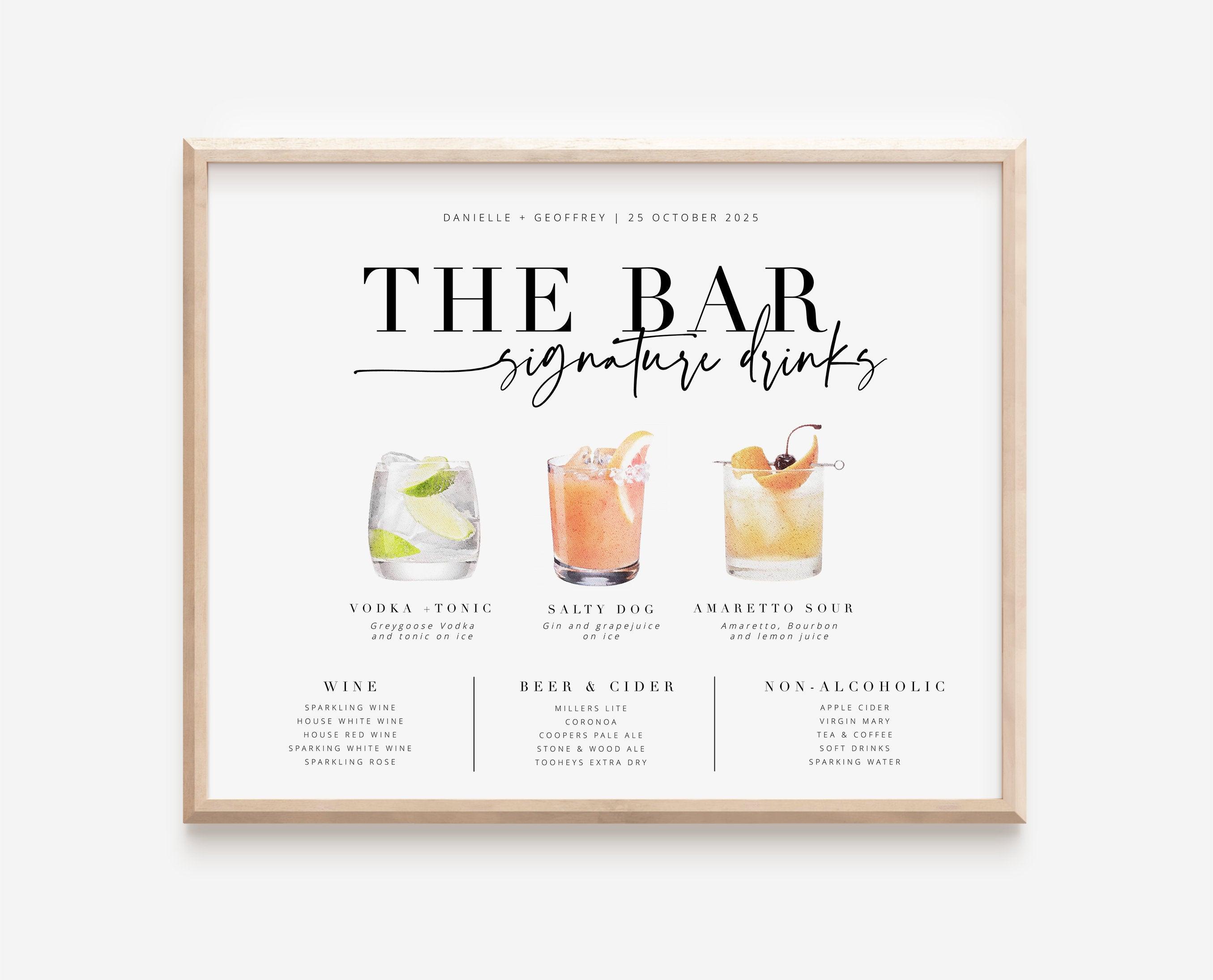 BRIBIE Minimal Wedding Bar Signature Drinks Menu - The Sundae Creative