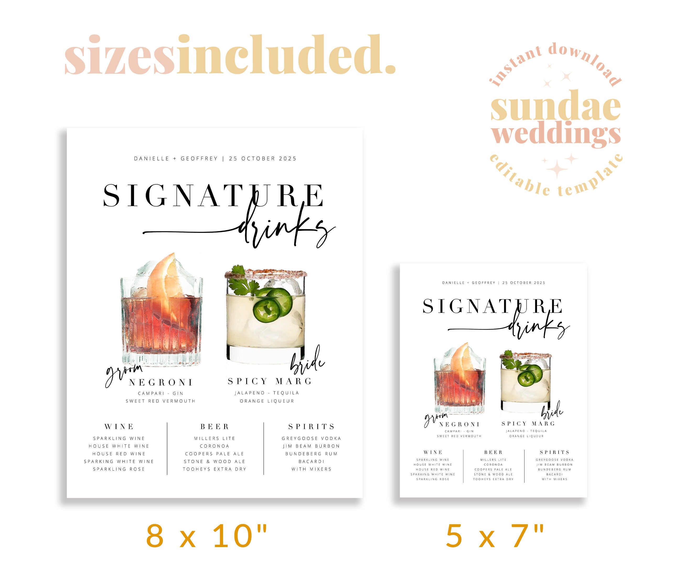 Bribie Modern Signature Drinks Sign .Wedding Drinks Menu .The Sundae Creative