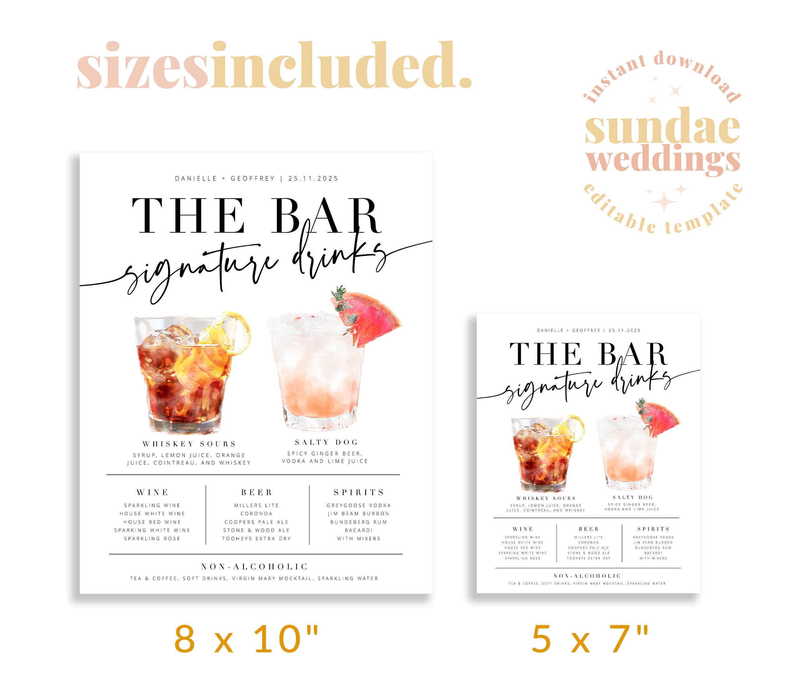 Bribie Wedding Bar Drinks Menu .Wedding Drinks Menu .The Sundae Creative