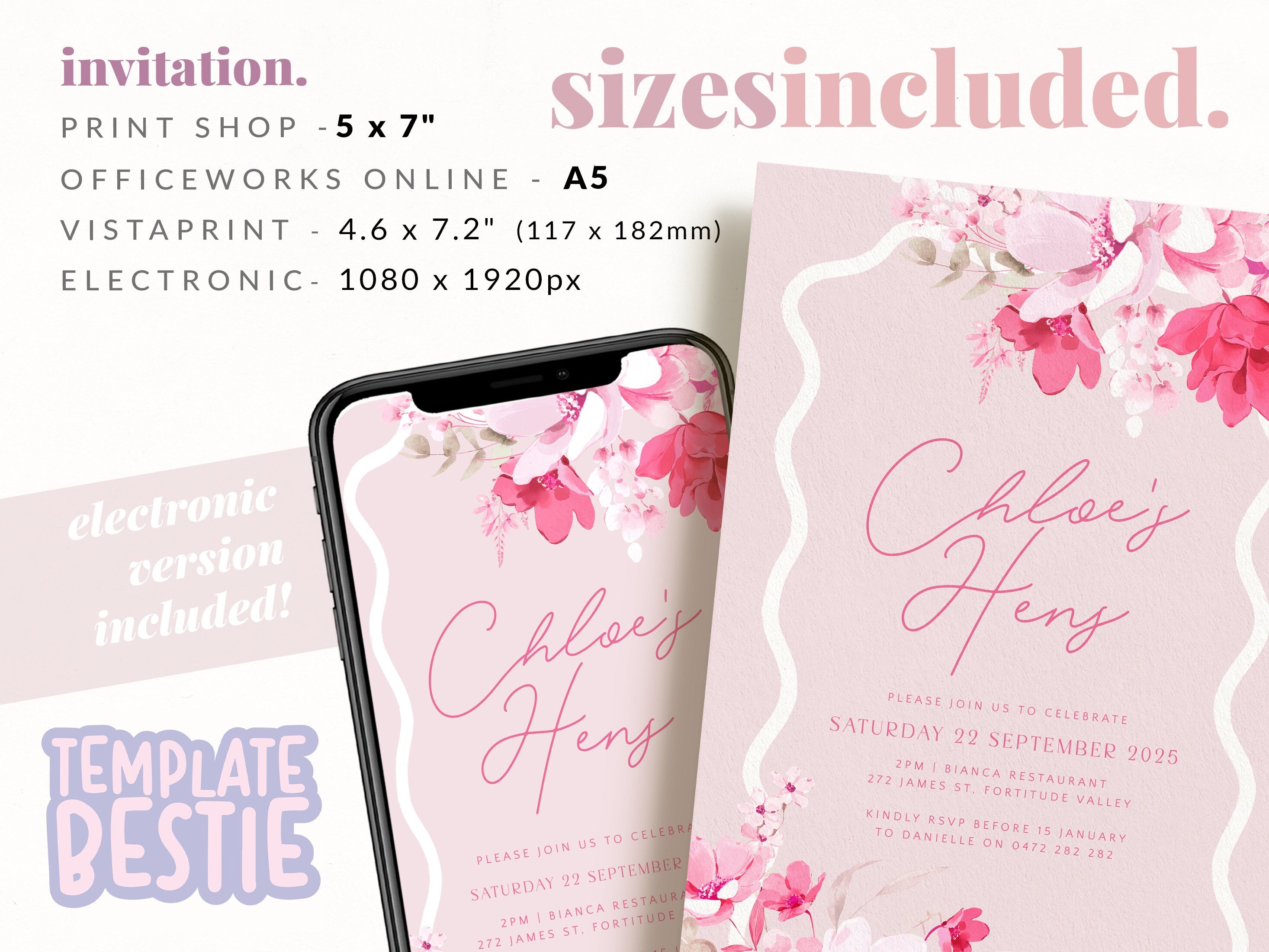 KEIRA Pink Floral Bachelorette Party Invite Template | Hot Pink Invitation Template | Bachelorette Invite | Templett Instant Download