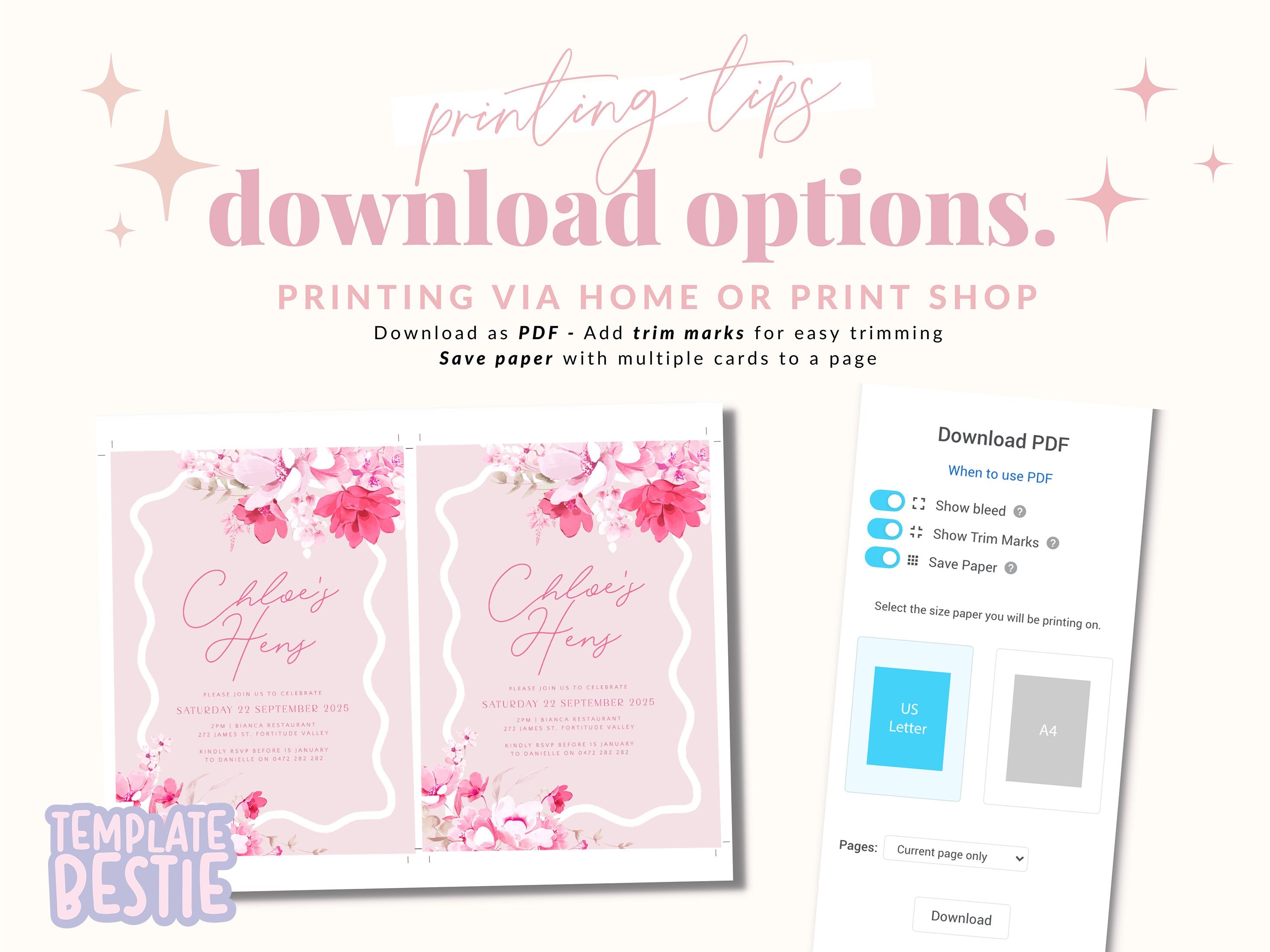 KEIRA Pink Floral Bachelorette Party Invite Template | Hot Pink Invitation Template | Bachelorette Invite | Templett Instant Download