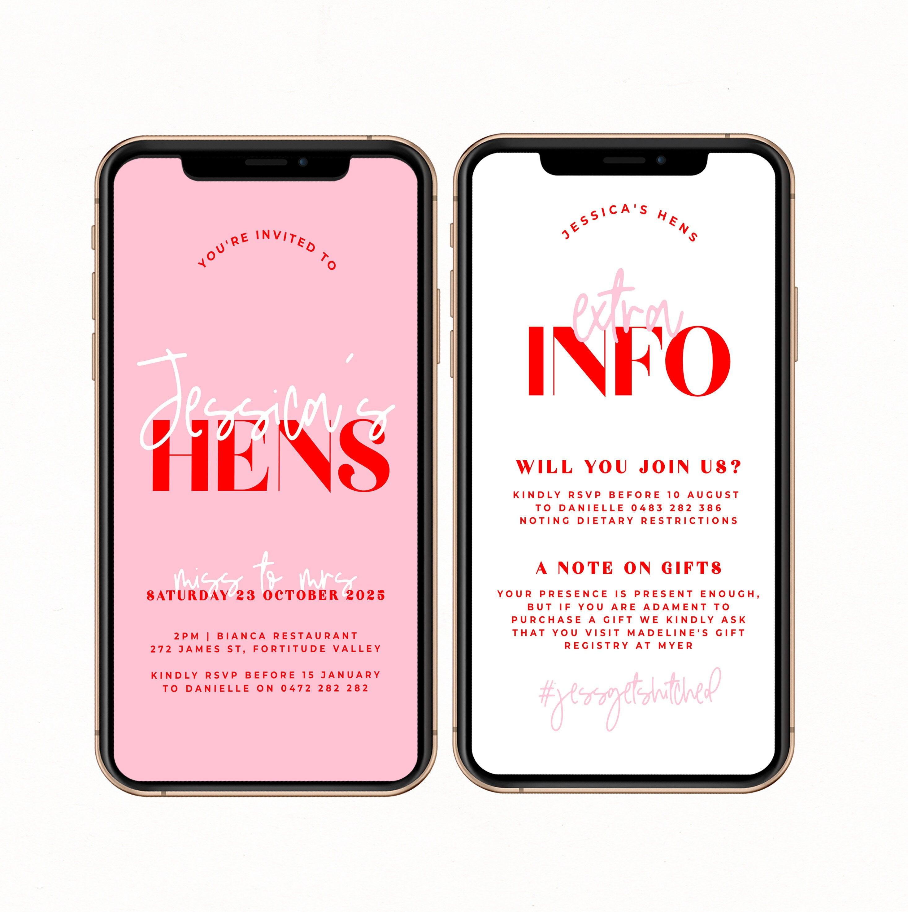 Pink Red Digital SMS Hens Invitation Template - The Sundae Creative