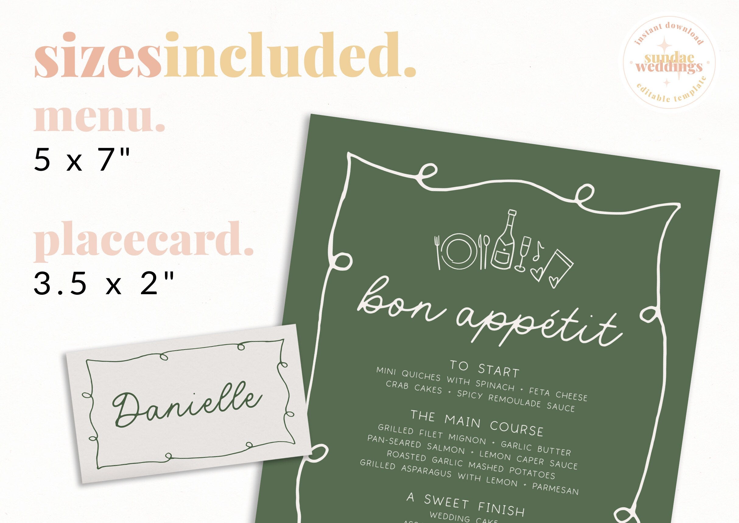 POET Wedding Menu Placecard Template, Hand drawn Wave Wedding Menu, Place card Escort Card, Bridal Shower Menu, Templett Instant Download