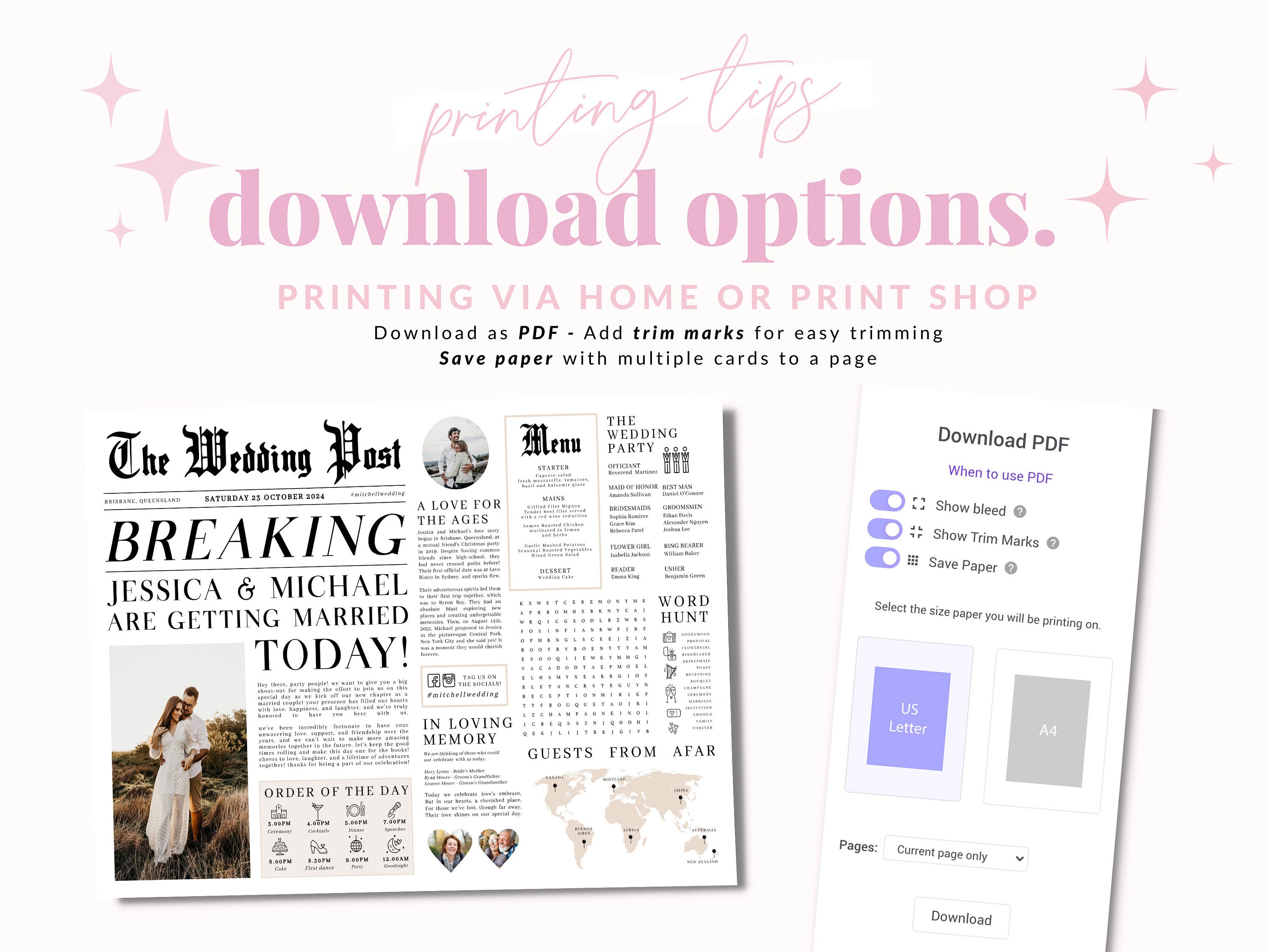 Editable Newspaper Wedding Placemat, Fun Printable Wedding Menu Template, DIY Wedding Timeline Program Template, Wedding Program Templett